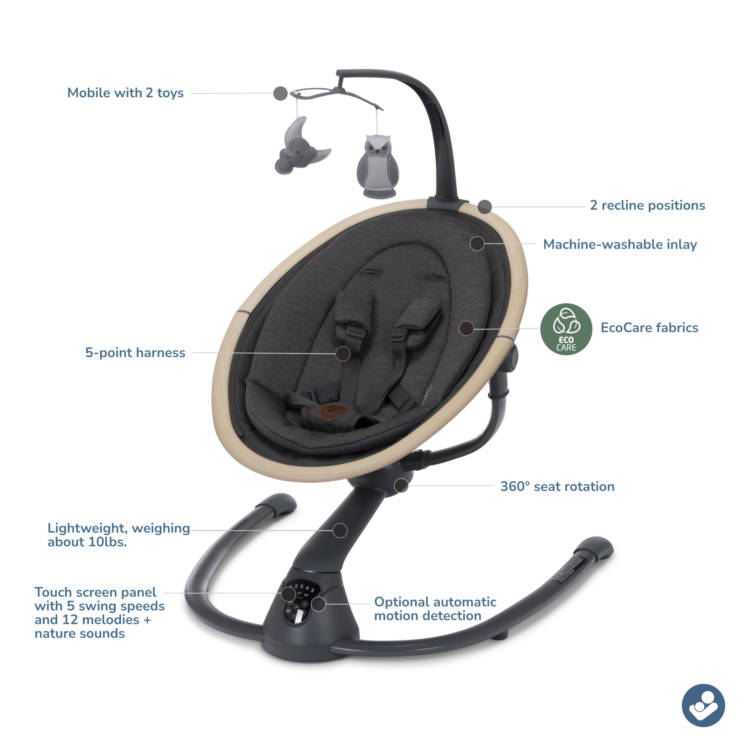 Maxi-Cosi Cassia Baby Swing for Infants - Portable, Lightweight & Foldable with Music & 360° Rotation - Classic Graphite | Perfect for Nursery, Travel & Soothing Newborns