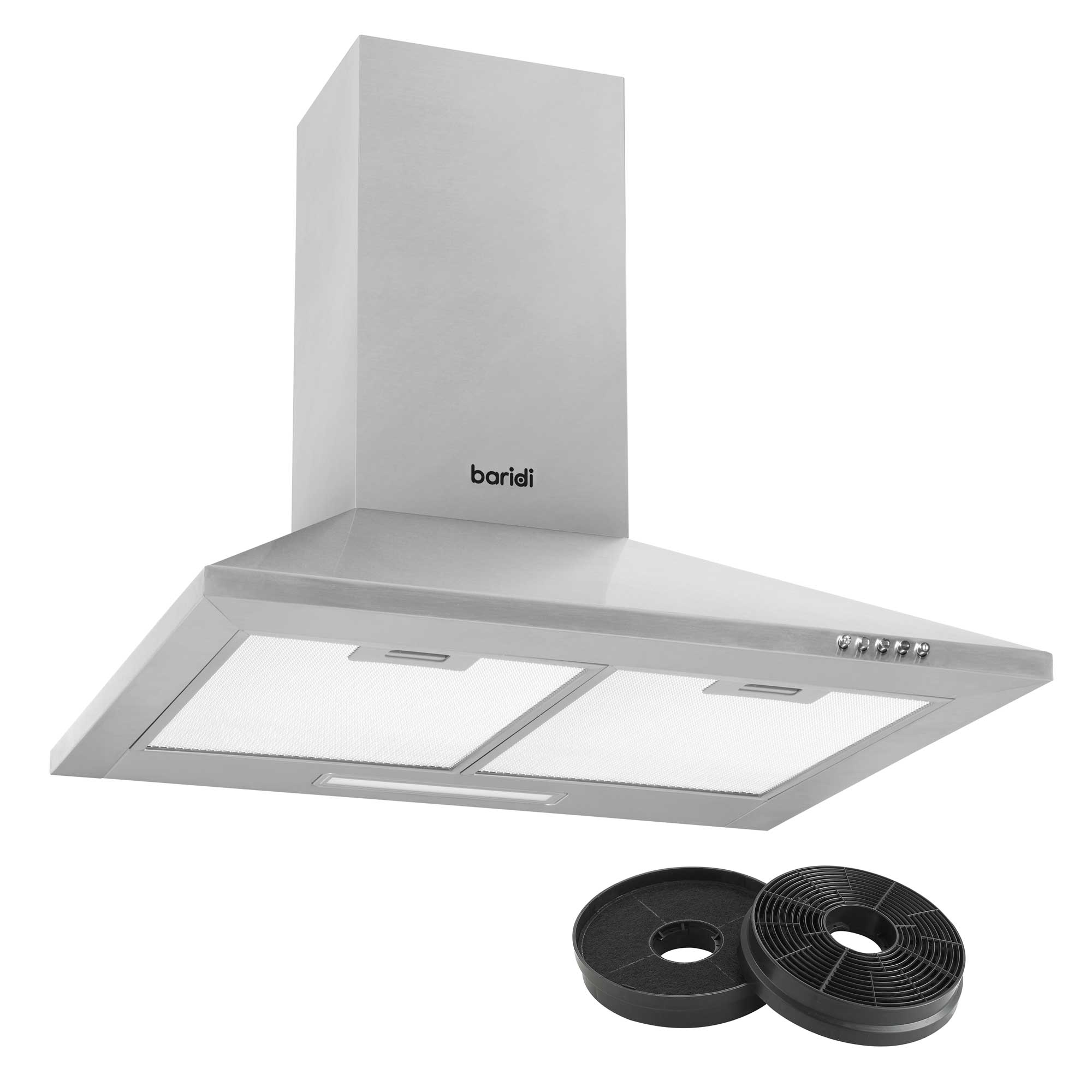 Baridi 60cm Stainless Steel Chimney Style Cooker Hood with Carbon Filters - DH126 | Powerful Kitchen Ventilation for Smoke & Odor Removal | Perfect for Modern Home Cooking & Grilling