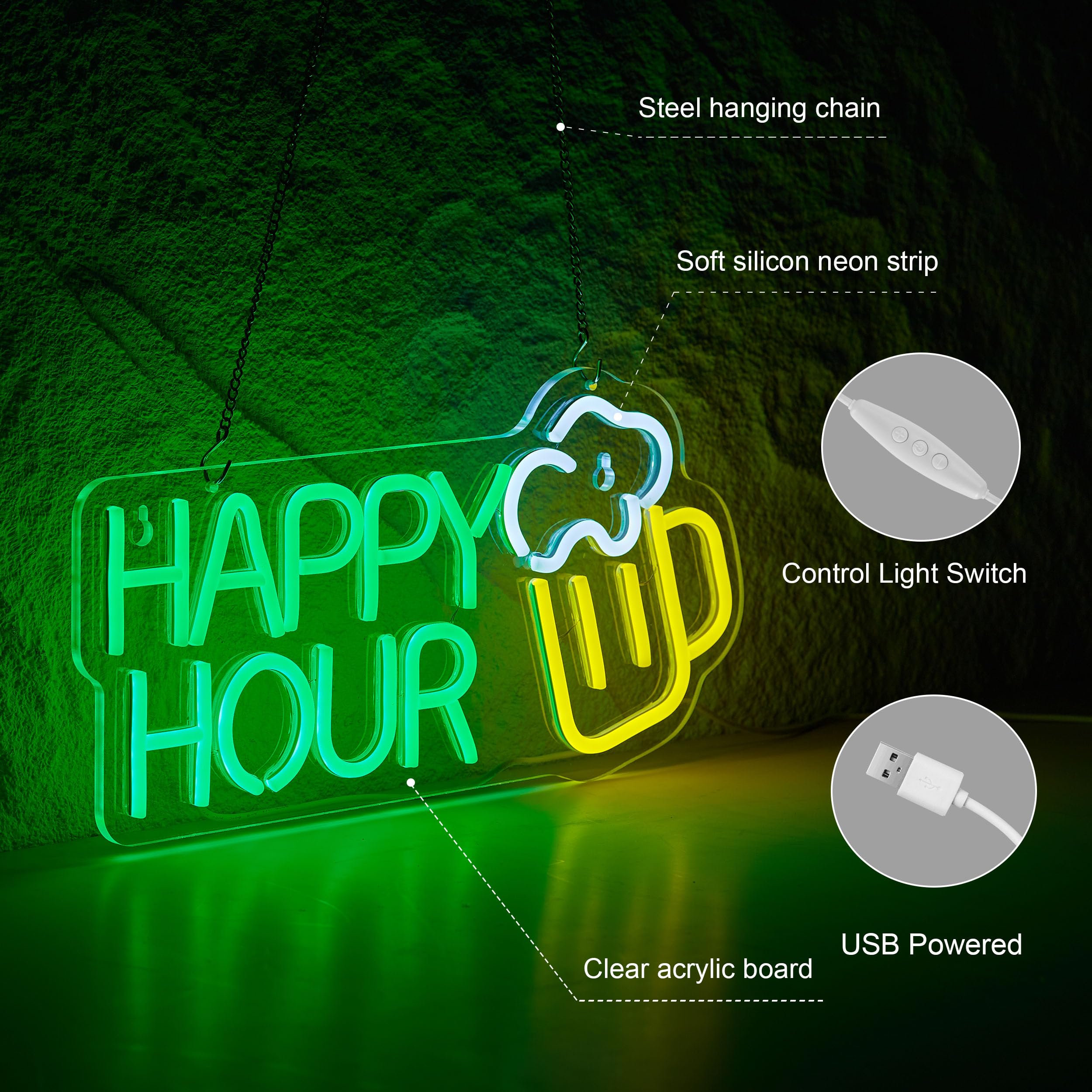 Roouneon Happy Hour Neon Sign - 17x8 Inch Dimmable LED Beer Bar Light for Club, Bedroom, Office, Hotel, Pub, Cafe, Wedding & Birthday Party Decor - Perfect for Man Cave, Wall Art & Nightlife Ambiance