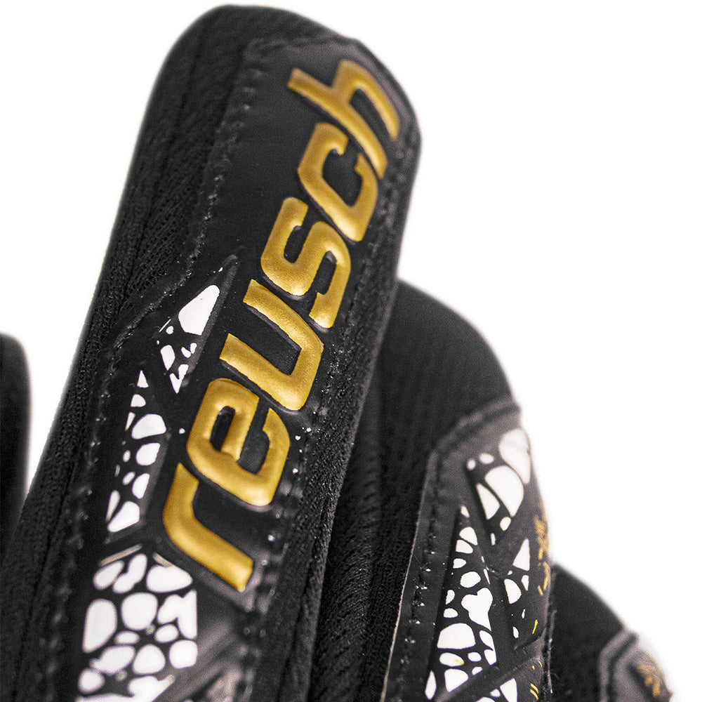 Reusch Silver NC Finger Support Goalkeeper Gloves - Black/Gold/White for Soccer Training & Match Play