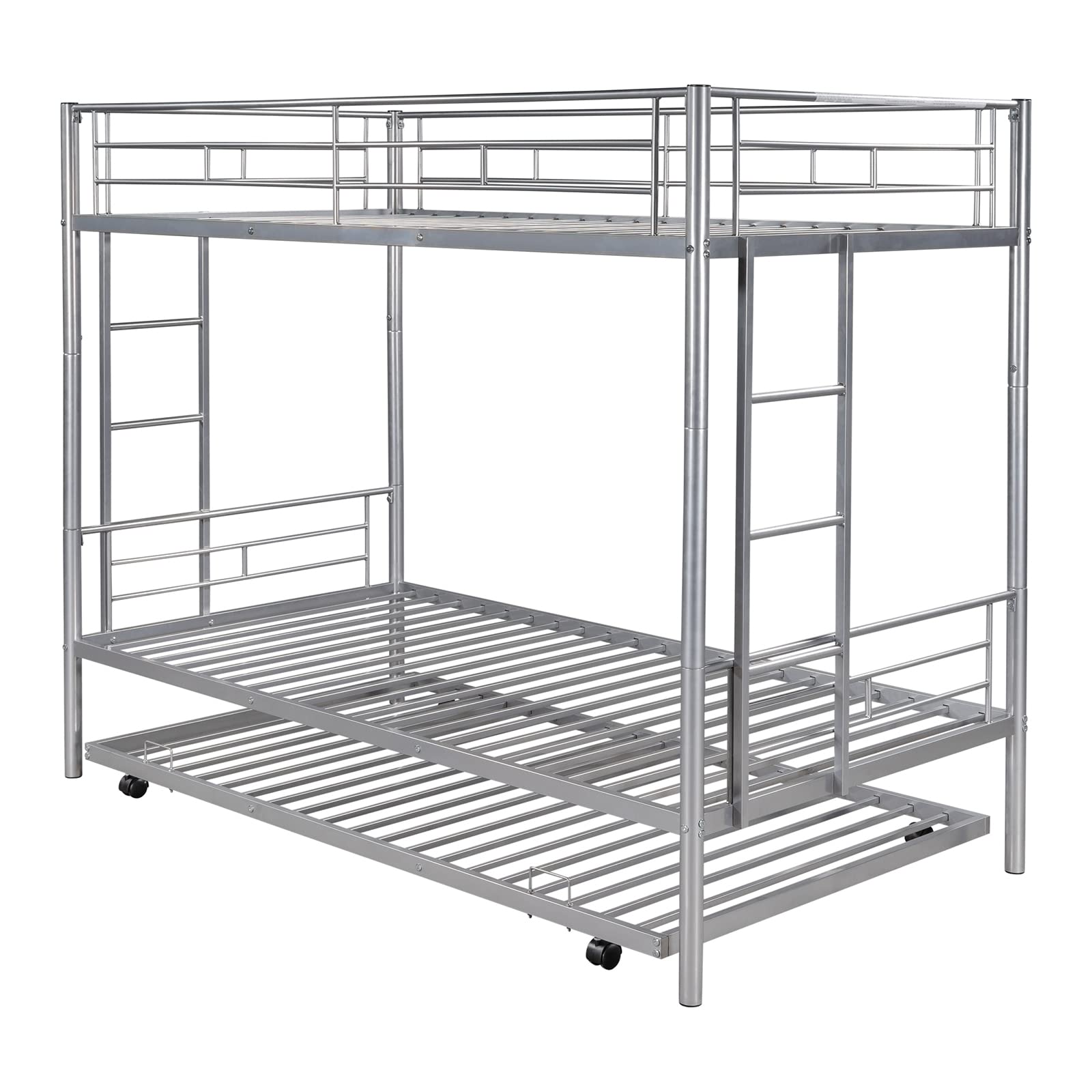 Modern Metal Twin Over Twin Bunk Bed with Trundle - Heavy Duty Bunkbed Frame with Slats for Adults, Teens, Boys & Girls - Space Saving Bedroom Solution for Small Rooms, Dorms & Guest Rooms (Silver)