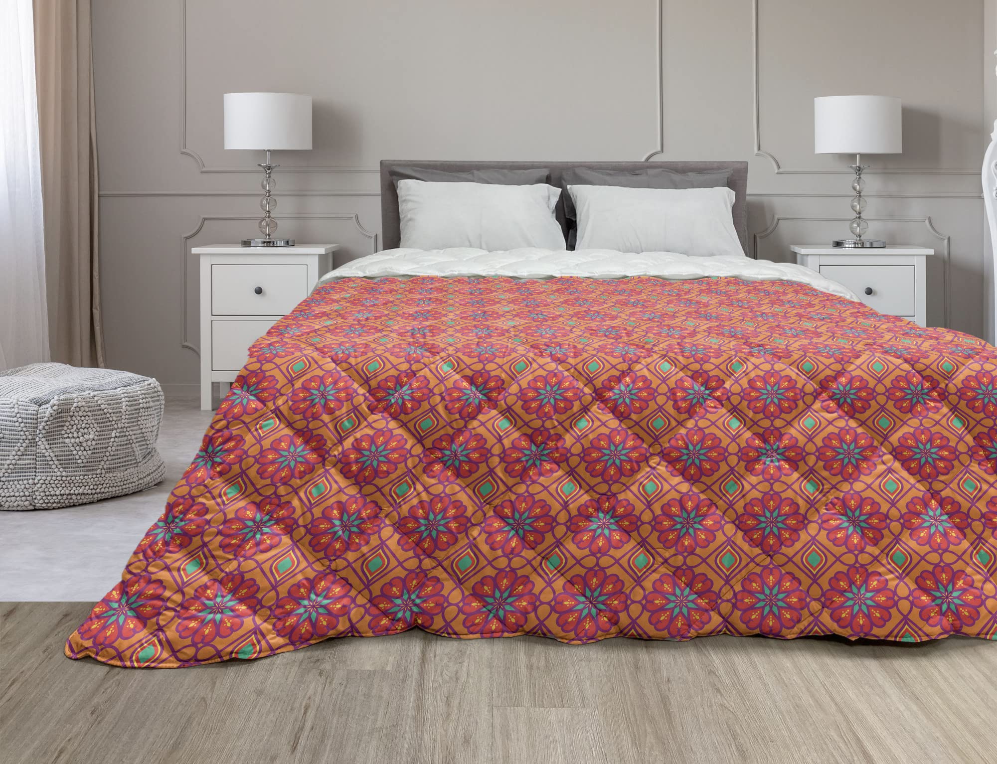 Ambesonne Abstract Down Alternative Comforter - Floral Pattern in Summer Colors, All-Season Microfiber Quilt, King Size (Marigold & Dark Magenta) - Perfect for Bedroom Decor, Guest Room, and Cozy Home Styling