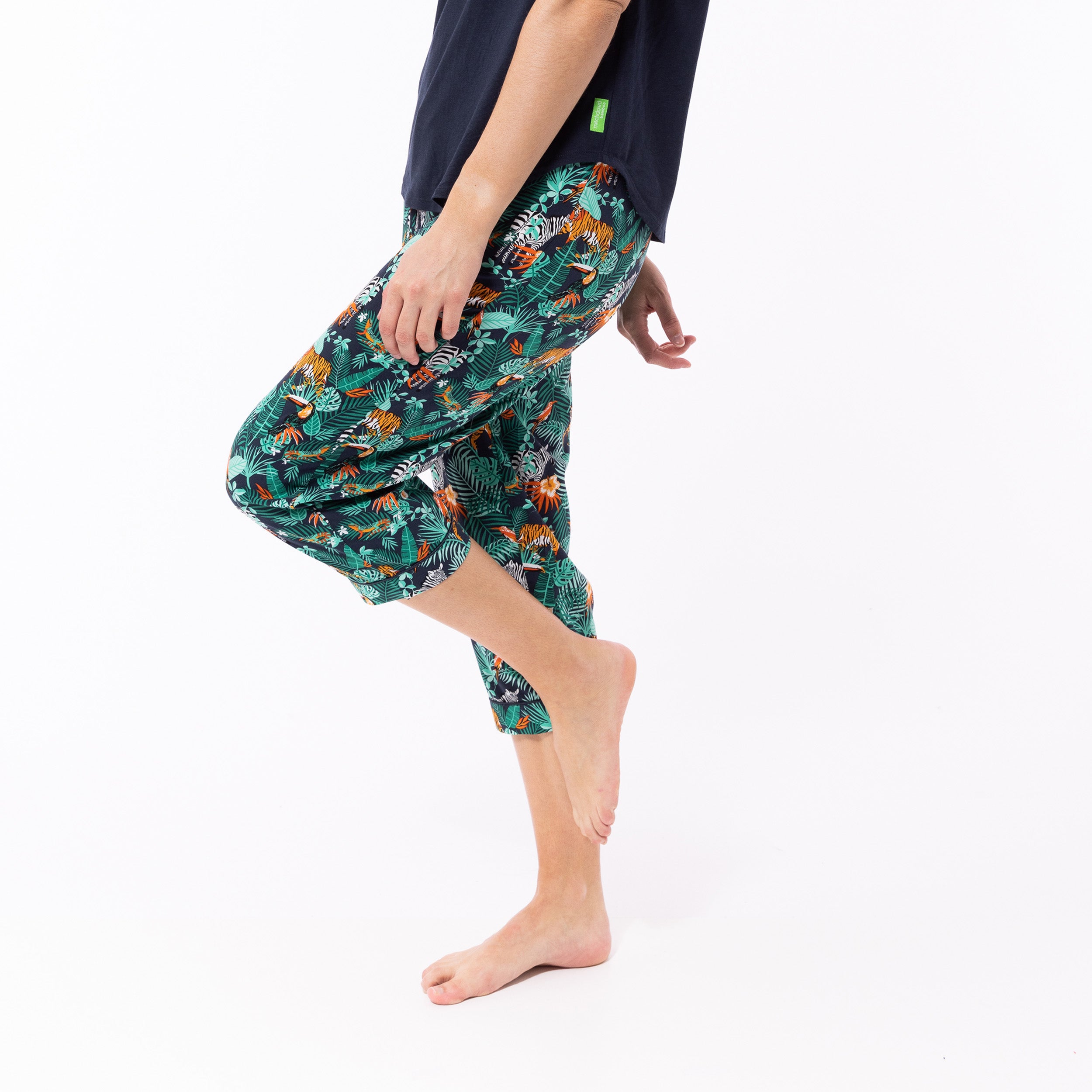 Women's Dark Jungle Print Woven Pants and Knit Tee Pajama Set - Navy Blue Sleepwear for Lounge & Comfortable Nightwear