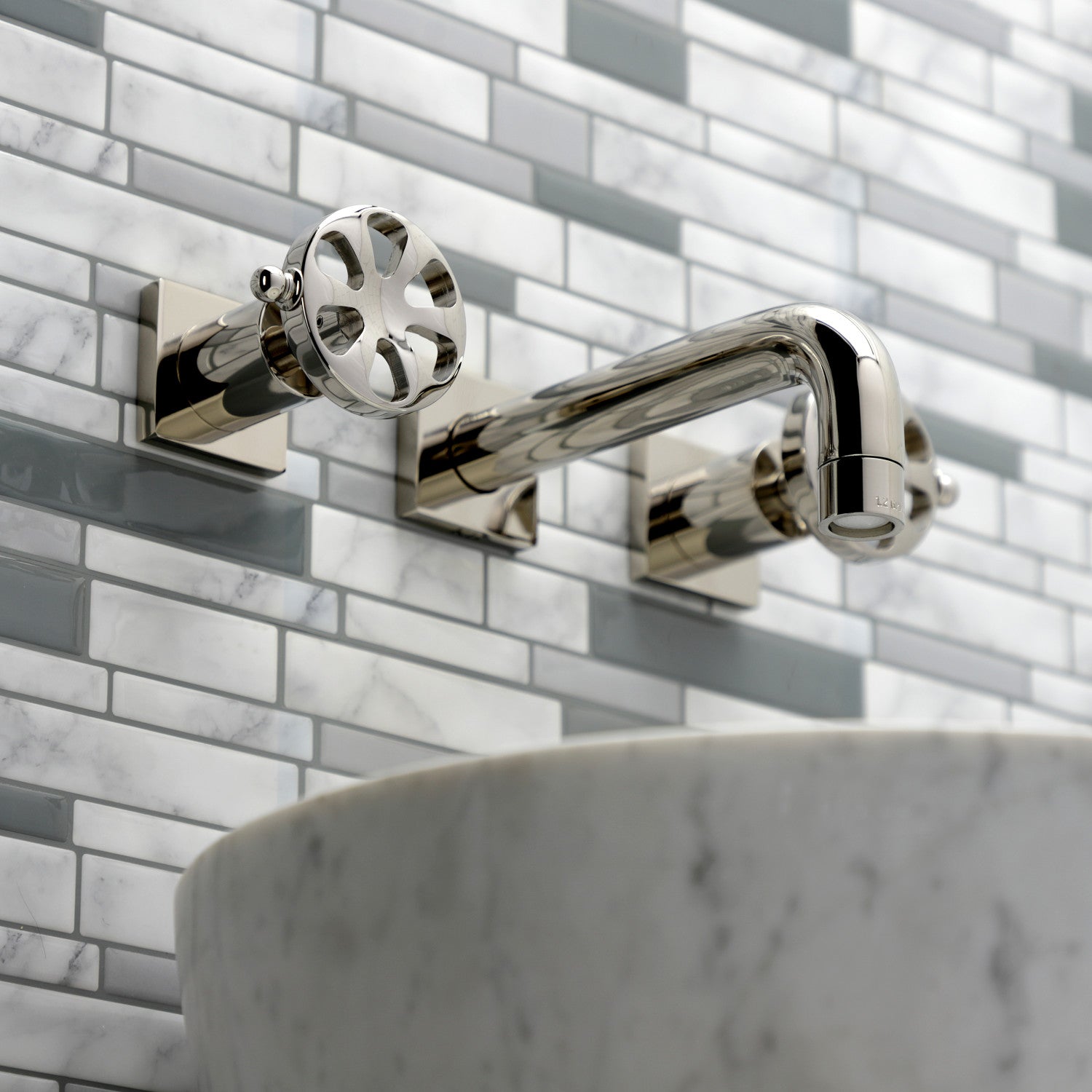 Belknap KS6126RX 3-Hole Wall Mount Bathroom Faucet with Double Handles in Polished Nickel - Perfect for Modern Bathroom Vanities and Powder Rooms
