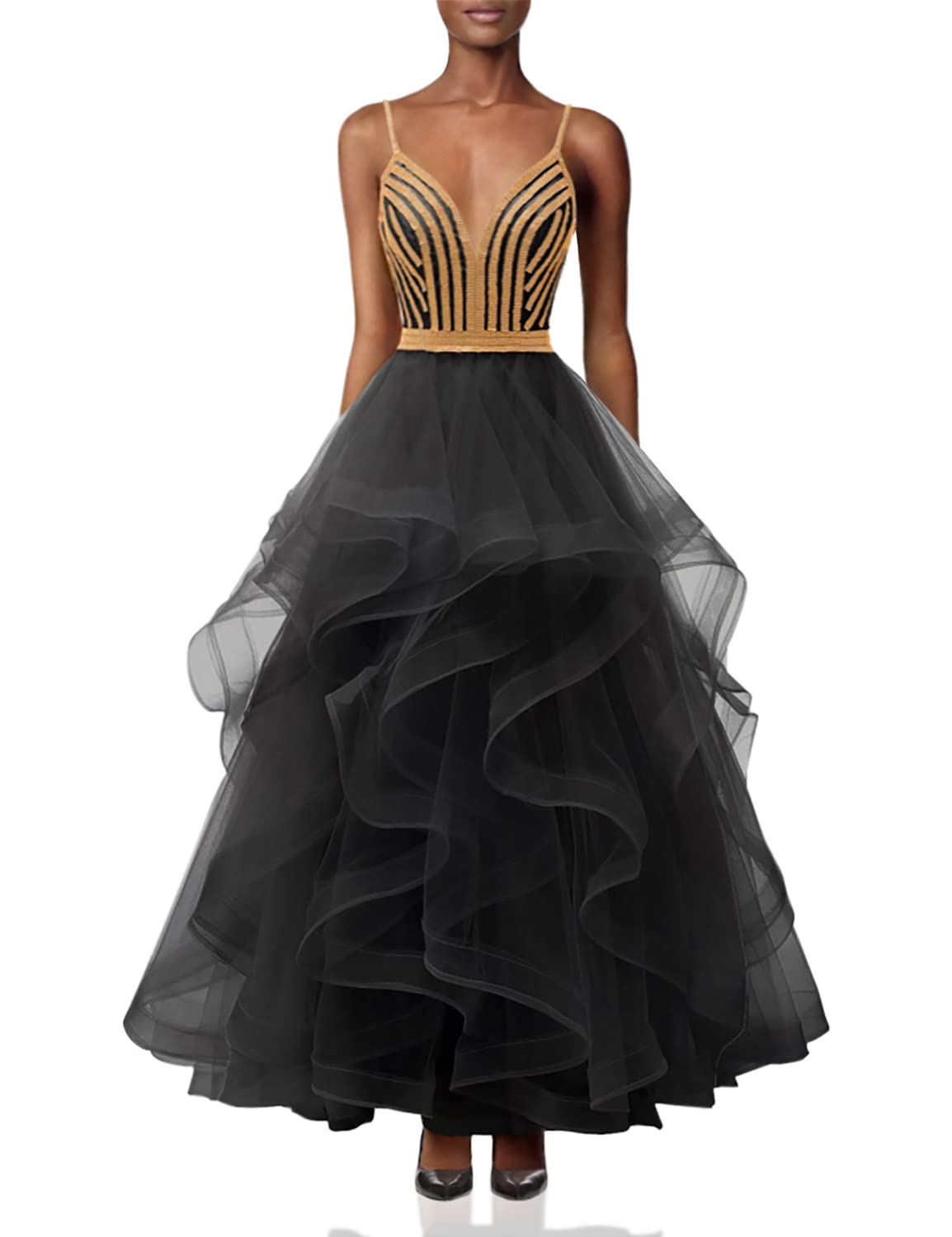 Chupeng Women's Gold Crystal Tiered Tulle Prom Dress - Elegant Spaghetti Strap Long Formal Evening Gown for Party, Cocktail, Ball & Homecoming - Perfect for Prom Night, Wedding Guest & Special Occasions