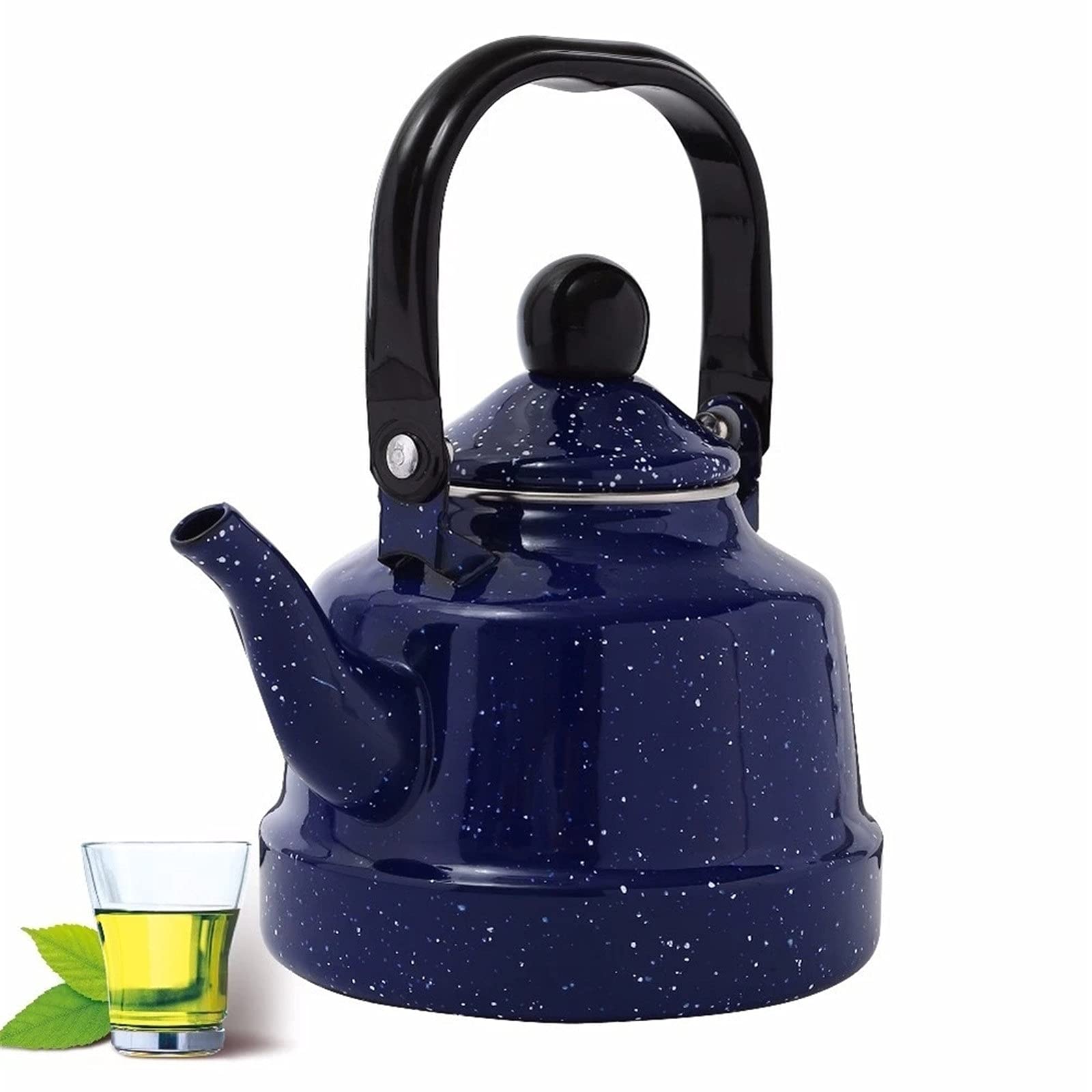 Blue Enamel Flower Tea Kettle - 1L Traditional Stovetop Kettle for Tea, Coffee & Hot Water - Vintage Style Water Jug for Home, Kitchen & Camping