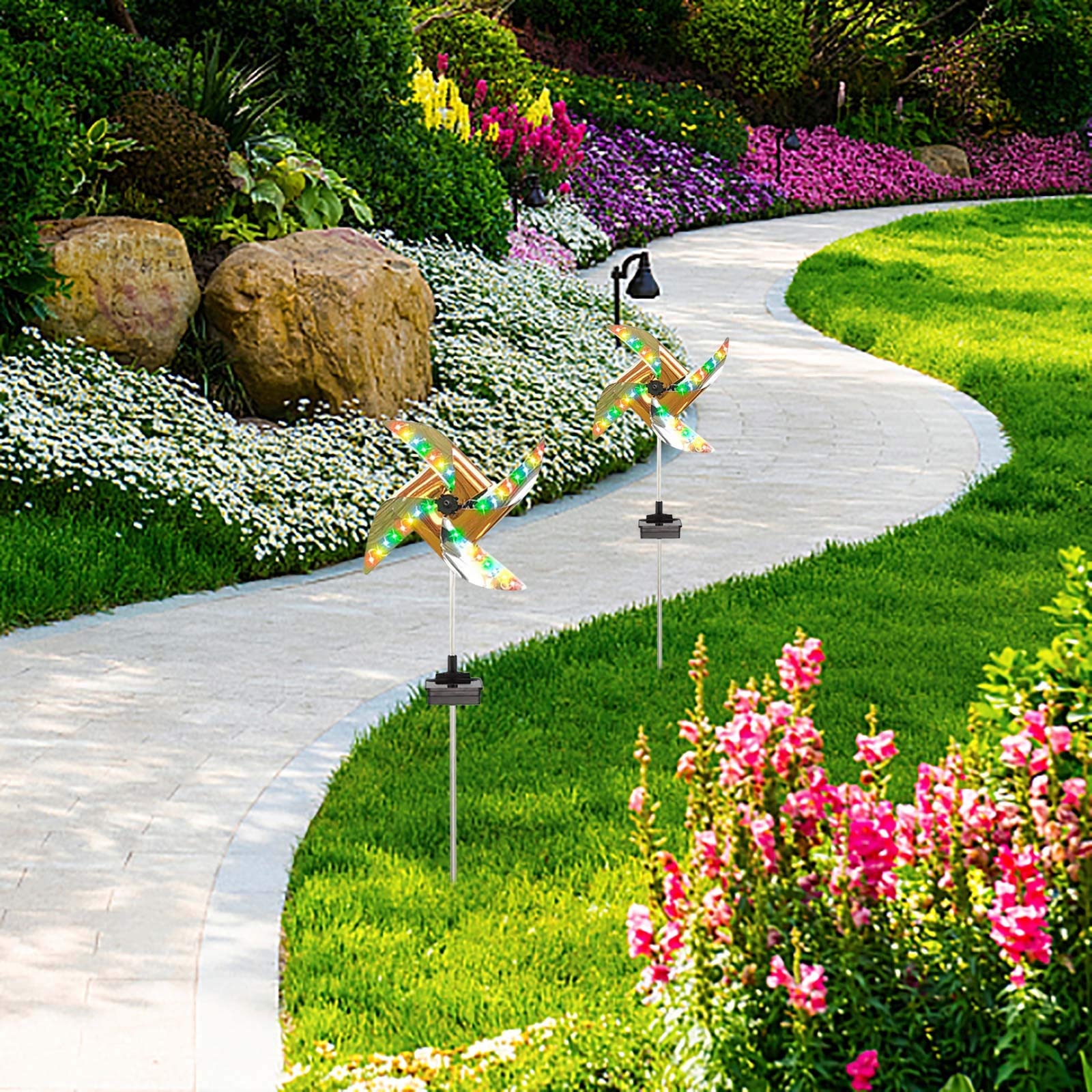 YeLukk Solar Powered Outdoor LED Wind Spinner Light - Waterproof Garden Stake Lights for Pathway, Patio, Lawn, Yard, Courtyard Decor | Perfect for Landscape Lighting, Grave Markers, Birthday Parties, Thanksgiving & Christmas Decorations