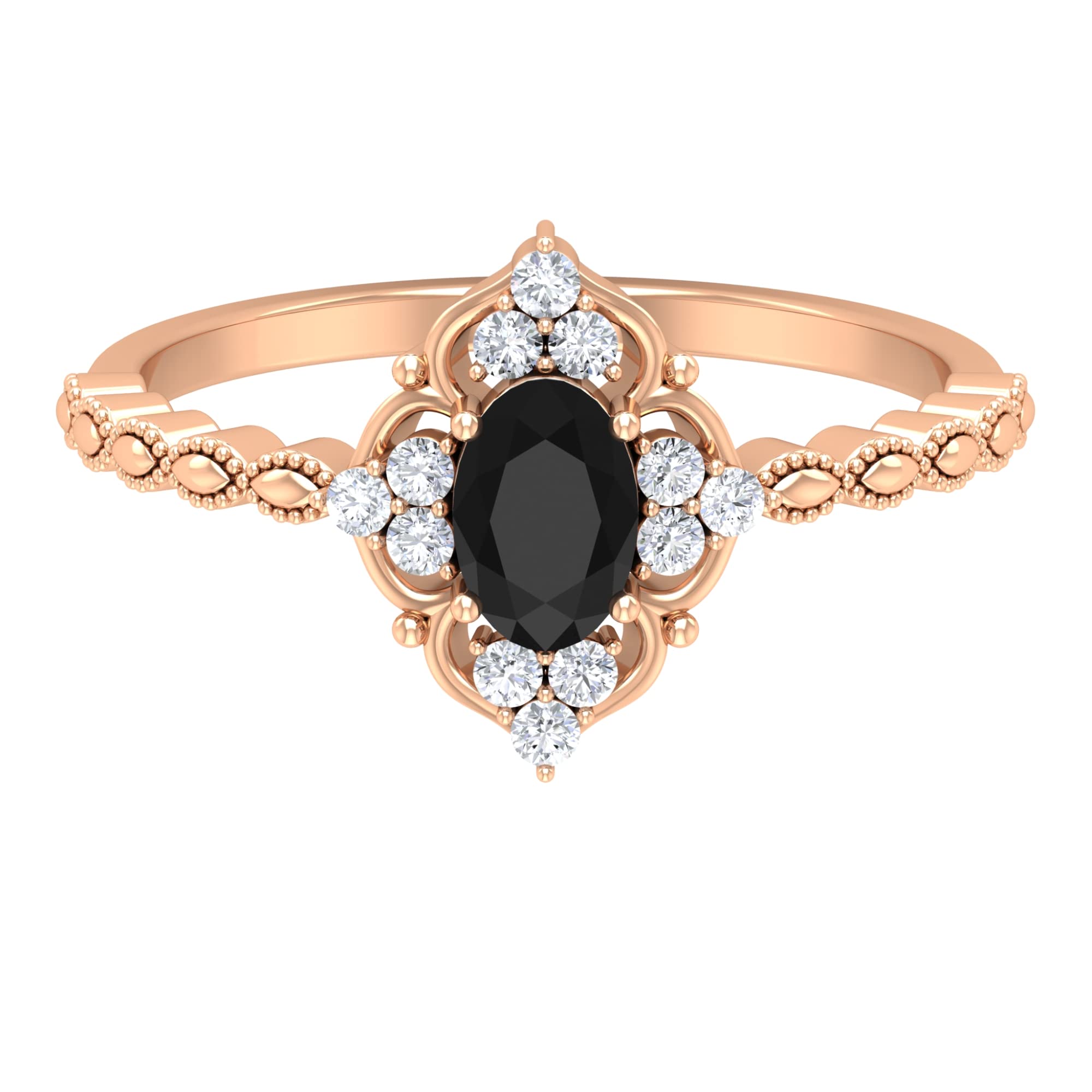 3/4 CT Black and White Diamond Art Deco Engagement Ring for Women - 14K Solid Gold Beaded Band, Vintage Style Wedding Ring - Perfect for Proposals, Anniversaries & Special Occasions