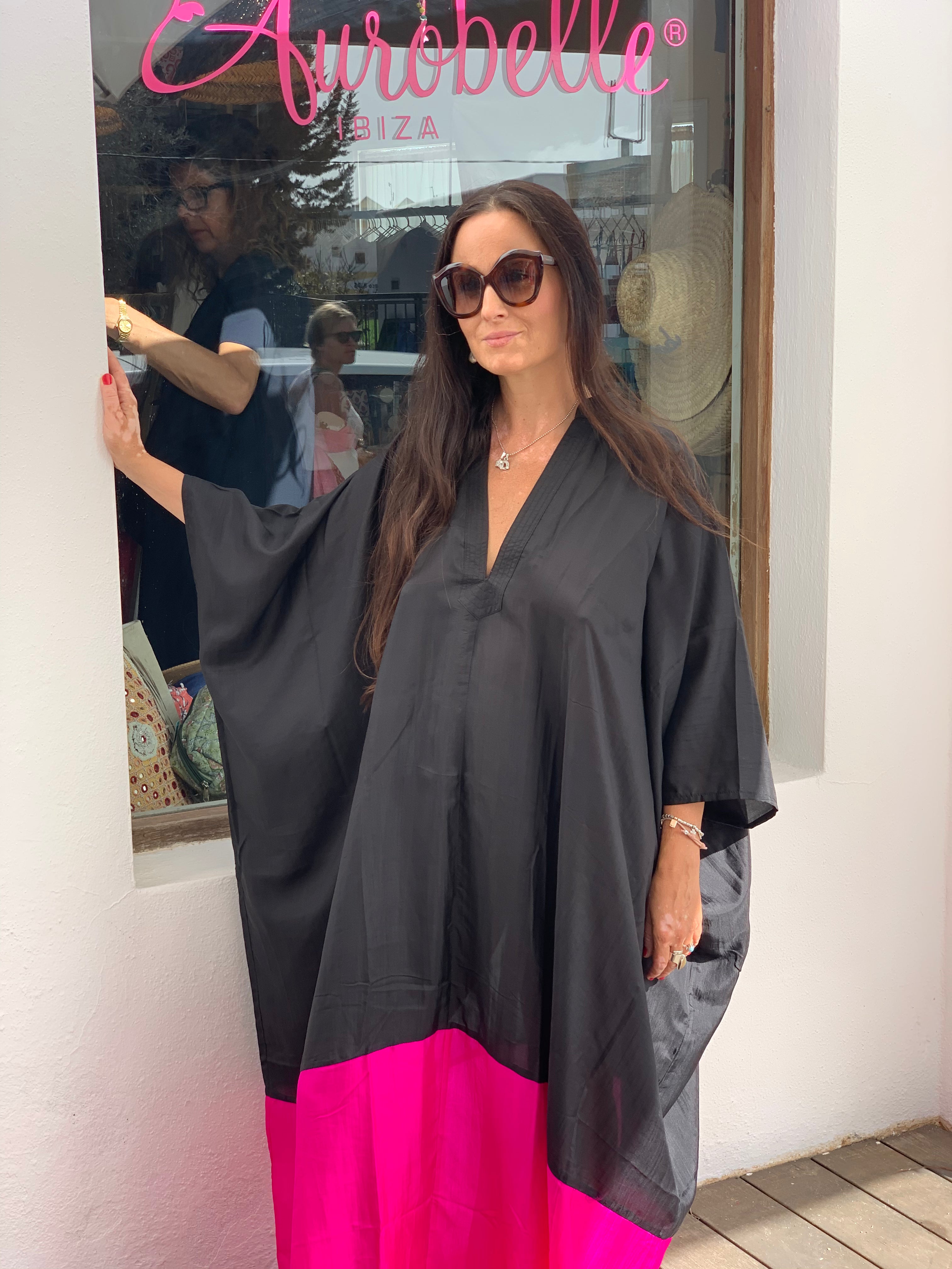 Luxury Silk Kaftan Dress for Women - Black & Pink Medium Length Elegant Loungewear for Home, Beach, and Special Occasions