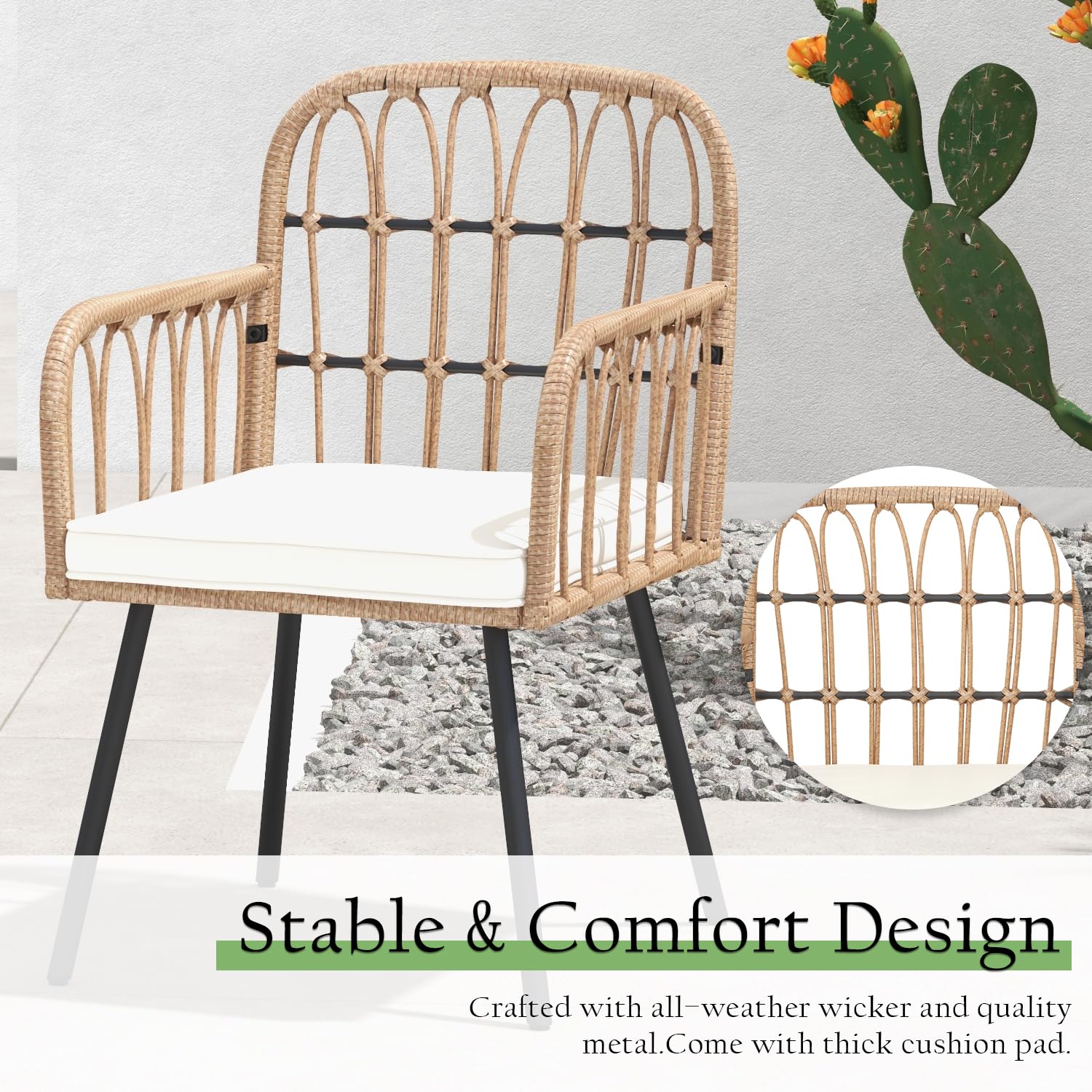 LYNSLIM 5-Piece Outdoor Dining Set - Rattan Patio Table & Chairs with Plastic-Wood Tabletop, 4 Wicker Chairs & Cushions - Perfect for Patio, Poolside, Balcony, Garden & Backyard Entertaining
