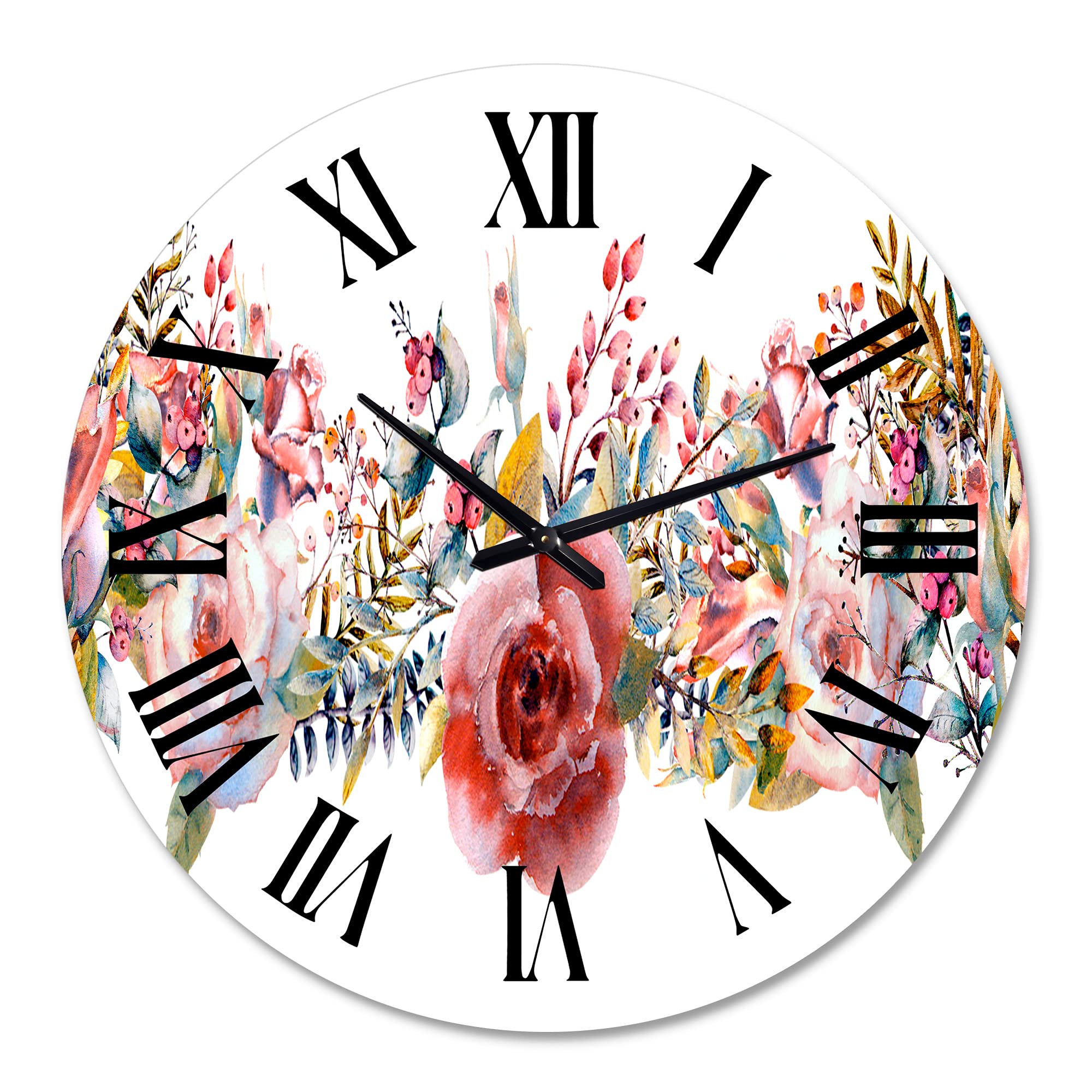 Farmhouse Wall Clock with Pink Roses and Wildflowers - Large Floral Botanical Wall Clock for Home Decor | Perfect for Living Room, Bedroom, Kitchen & Office