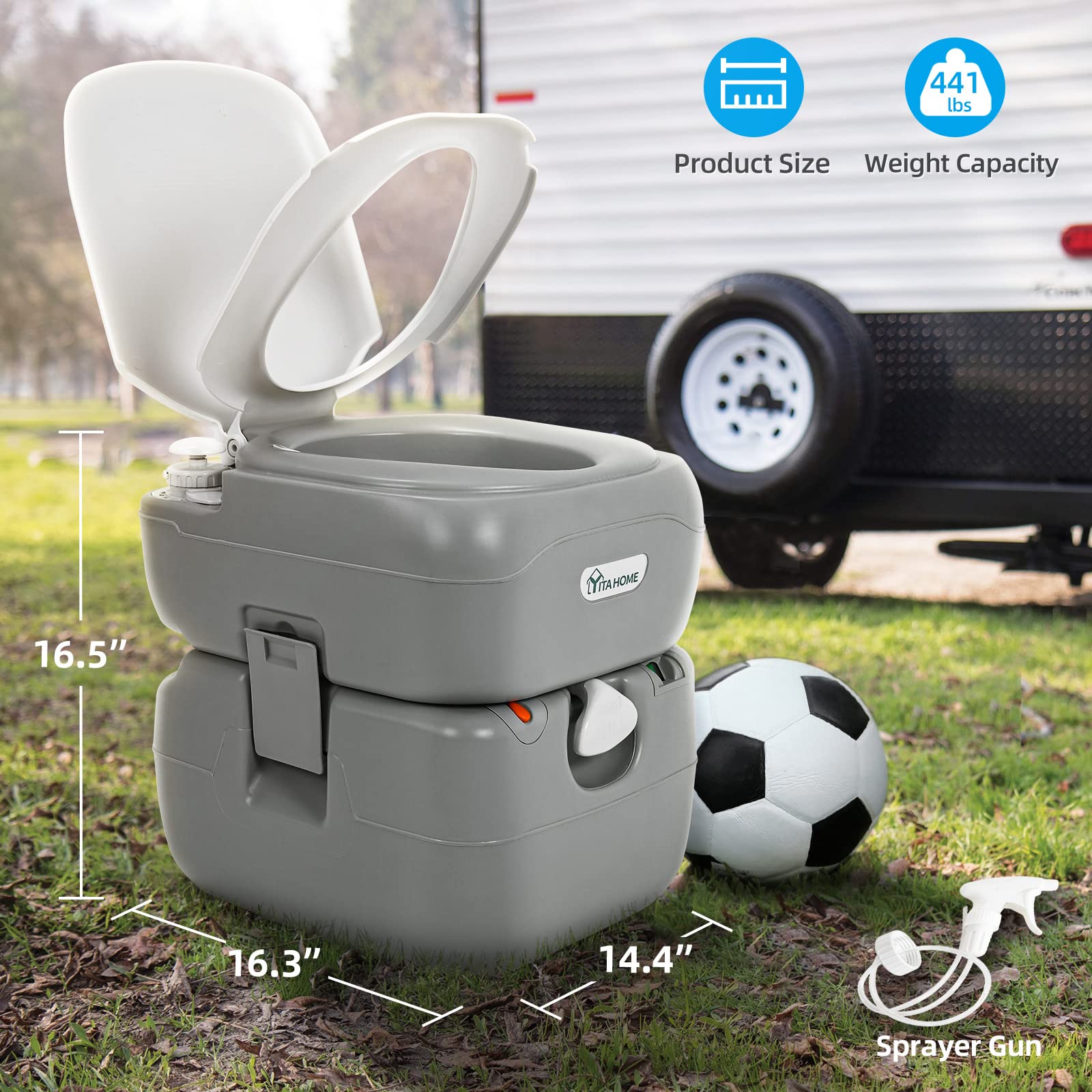 YITAHOME 5.8 Gallon Portable Toilet for Camping, RV, Boat & Outdoor Use - Leak-Proof Travel Toilet with Carry Bag, Hand Sprayer, Level Indicator & Handle Pump - Perfect for Road Trips, Hiking, Emergency Preparedness & Off-Grid Living