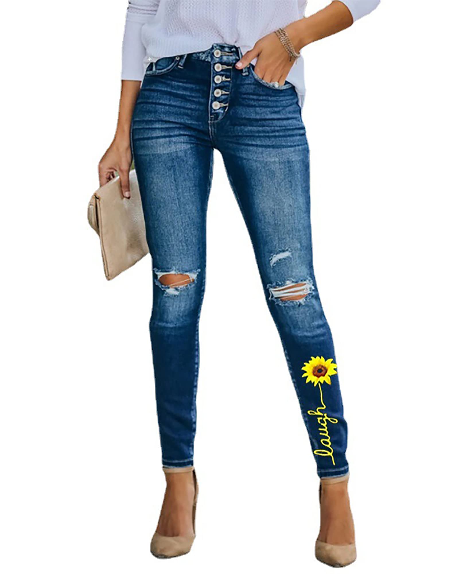 Women's Ripped Skinny Jeans - Mid Rise Stretch Denim Pants with Butt Lifting Design | Perfect for Casual Outfits, Night Out & Street Style Fashion