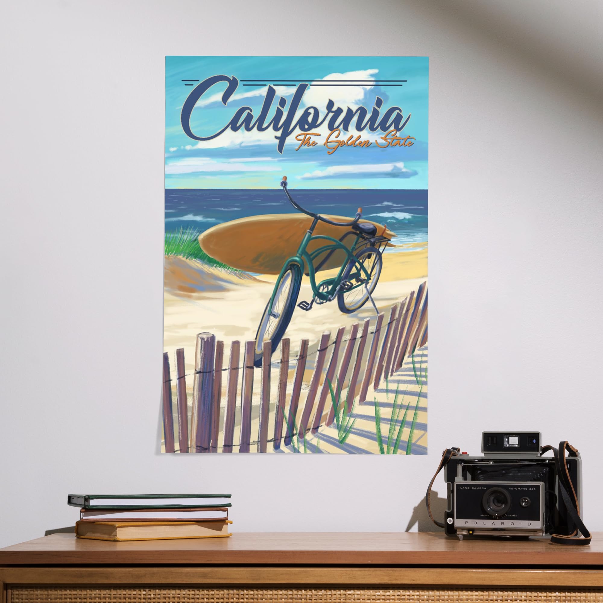 Lantern Press 16x24 Inch Giclee Art Print - California Golden State Beach Cruiser Bicycle Coastal Wall Decor | Perfect for Living Room, Bedroom or Beach House Decoration
