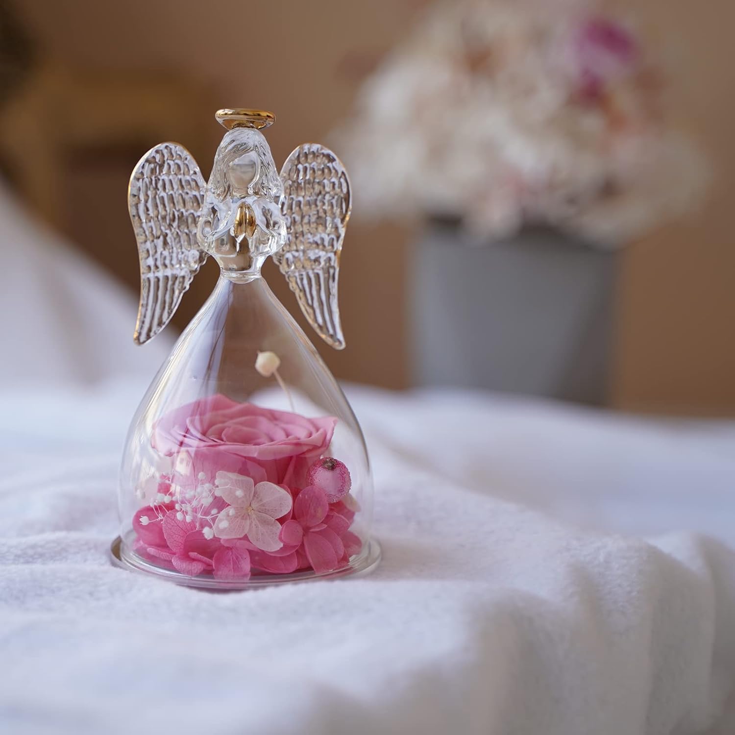 Yamonic Angel Figurine with Real Preserved Rose - Perfect Birthday Gift for Mom, Grandma, Her | Mother's Day, Christmas, Anniversary Present | Elegant Home Decor for Living Room, Bedroom (Pink)
