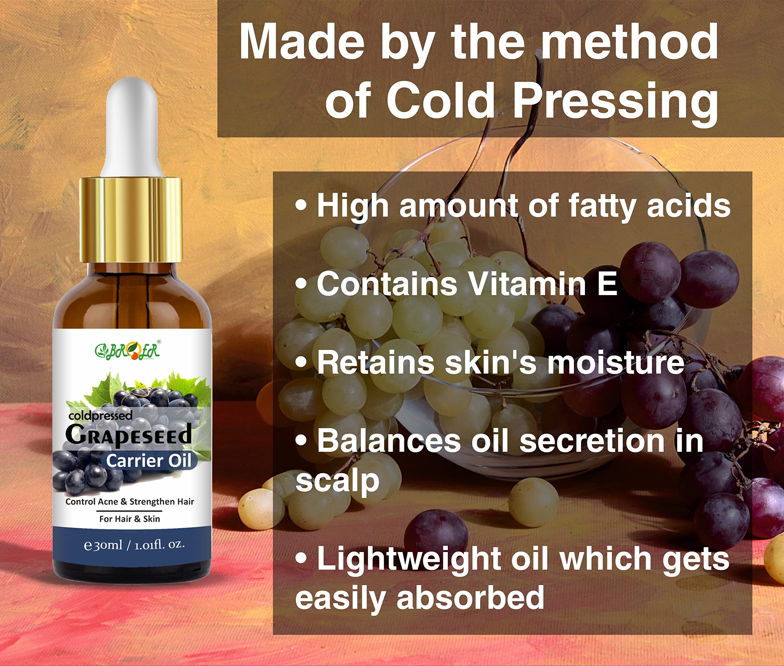 Pure Cold-Pressed Grapeseed Oil for Skin & Hair - Natural Face Massage Oil for Glowing Skin, Acne Treatment & Shiny Hair Care (2-Pack, 60ml) | Perfect for Daily Skincare Routine, DIY Beauty Recipes & Aromatherapy