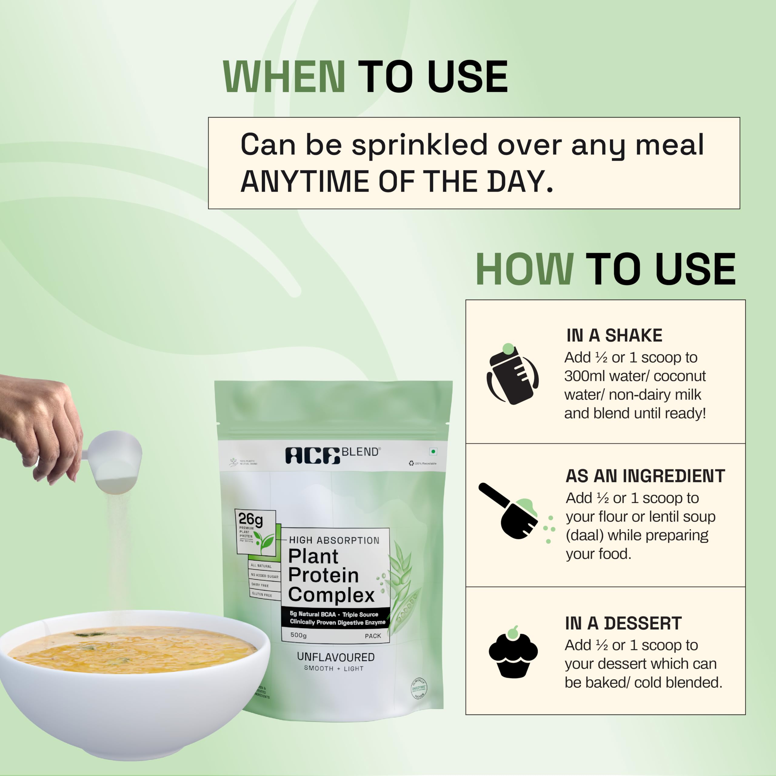 Ace Blend Plant Protein Complex - 26G Protein Per Serving | Unflavored Vegan Protein Powder with Golden-Split Pea, Canadian Brown Rice & Indian Lentil Protein | DigeZyme for Easy Digestion | 100% Gut Friendly | Perfect for Post-Workout Recovery & Smoothie Boosts