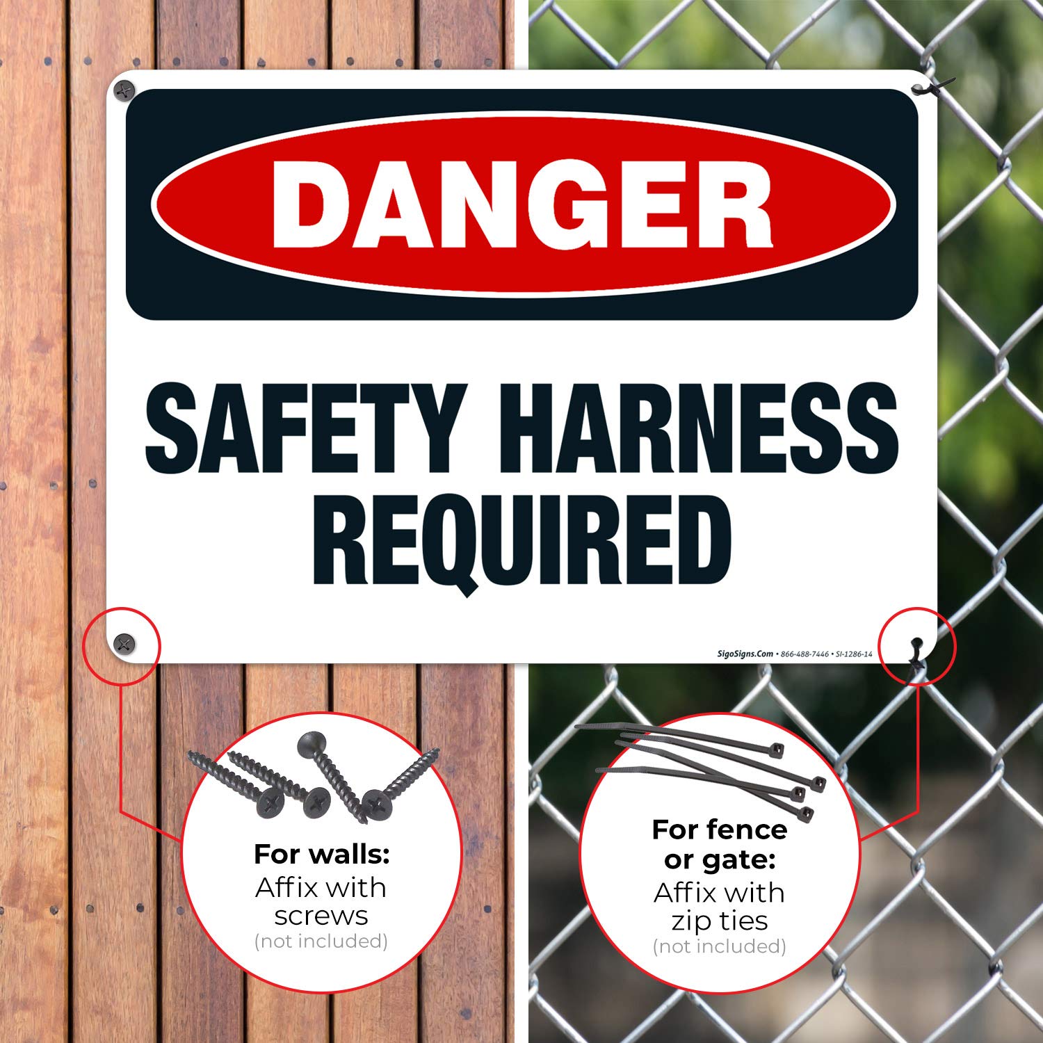 Danger Safety Harness Required Sign - OSHA Compliant 10x14 Inches, Rust-Free .040 Aluminum, Fade-Resistant for Indoor/Outdoor Use - Made in USA | Workplace Safety, Construction Sites, Warehouse Warning Signs