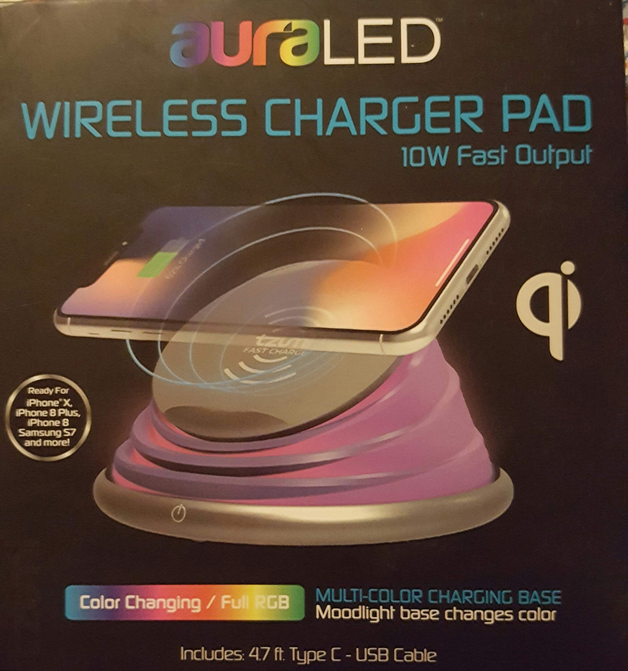 Tzumi Aura LED 10W Wireless Charger - Fast Qi Charging Pad for iPhone, Samsung & Android Phones - Night Light & Bedside Charging Station (Black)