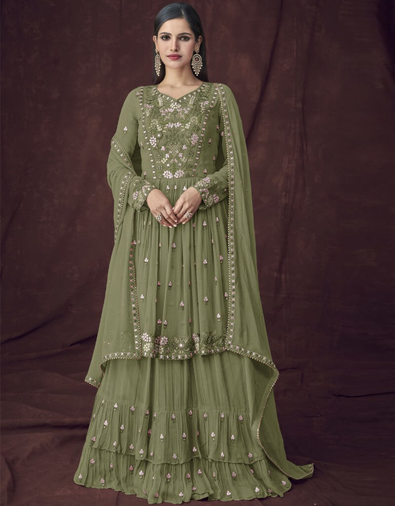 Stylish Army Green Lehenga Style Suit in Faux Georgette Fabric for Women - Perfect for Weddings, Parties & Festive Occasions