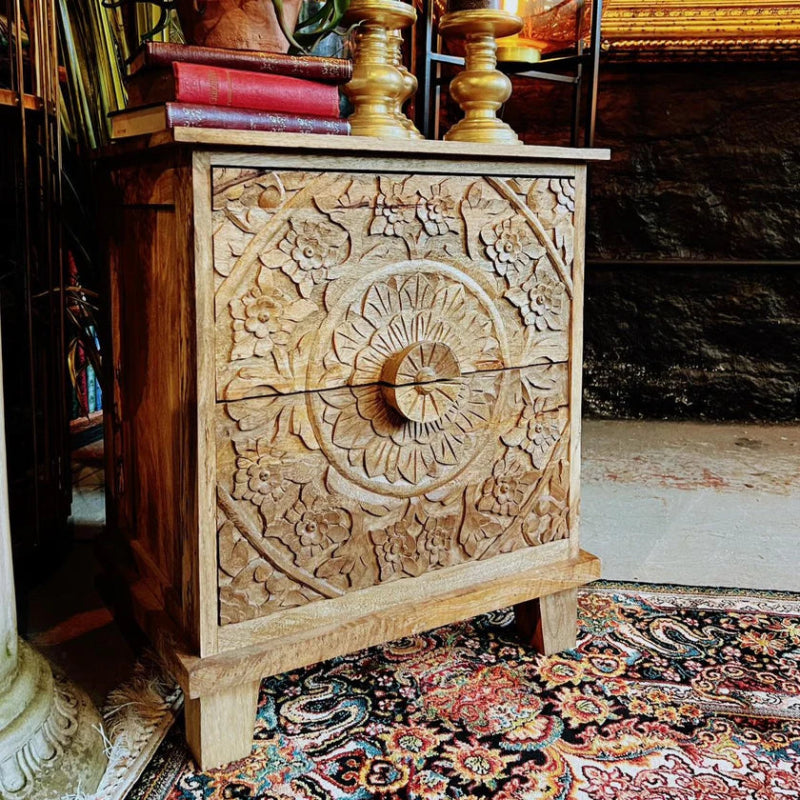 Handmade Floral Design Solid Wood Nightstand - Elegant Bedroom Furniture for Home Decor & Storage