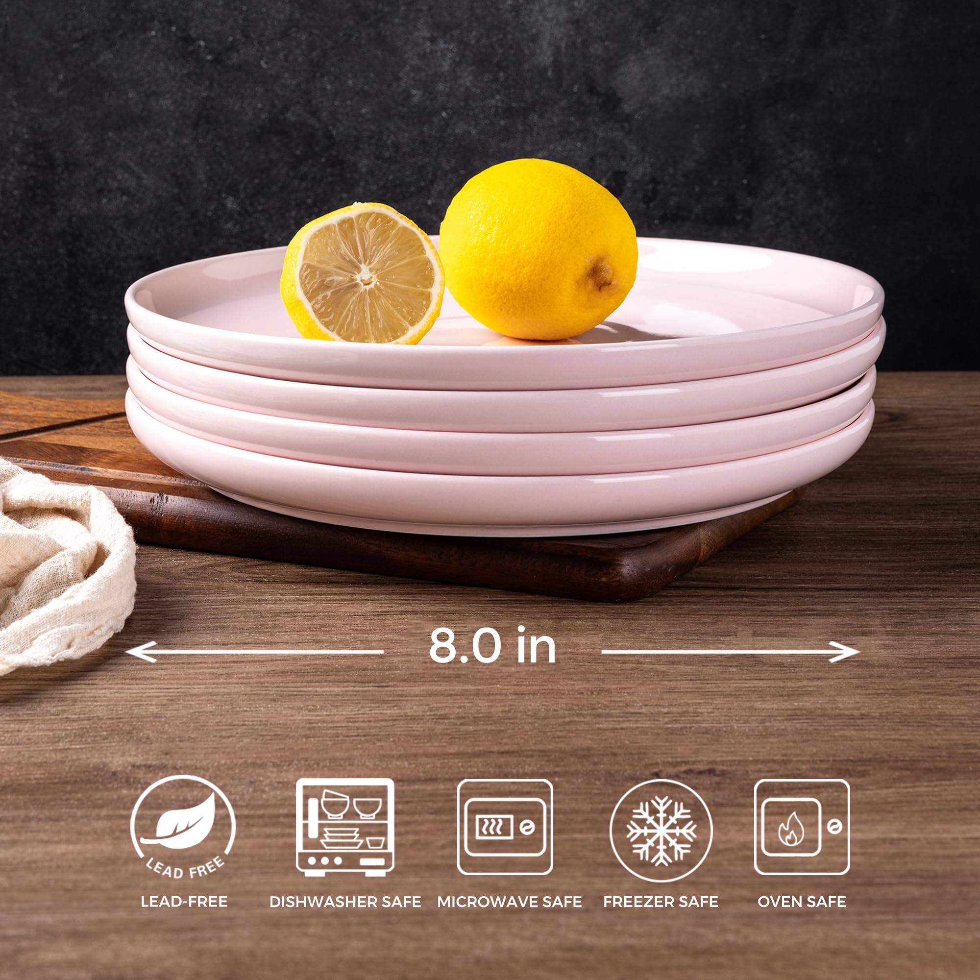 AmorArc 6-Piece Ceramic Dinner Plates Set - 8 Inch Round Stoneware Salad & Dessert Plates, Microwave & Dishwasher Safe, Scratch Resistant Deep Dishes - Pink | Perfect for Family Dinners, Parties, Restaurants & Everyday Use