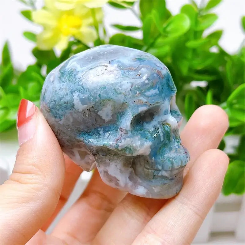 2 Inch Natural Moss Agate Skull Carving - Polished Quartz Healing Crystal Stones for Meditation, Reiki, Chakra Balancing - Home Decor, DIY Crafts, Gift Idea (1 Piece)