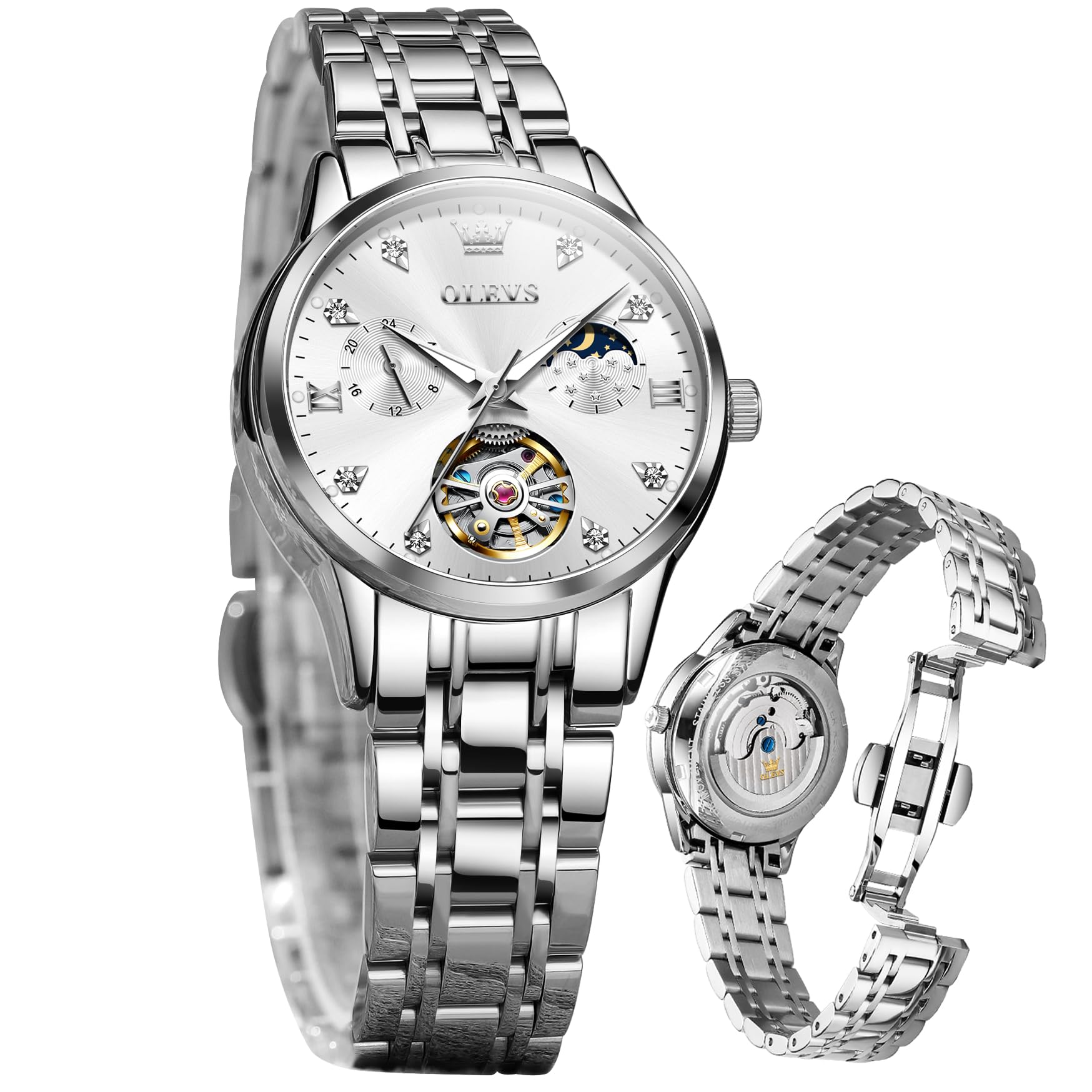 OLEVS Automatic Women's Watches with Diamond Tourbillon, Moon Phase & Luminous - Waterproof Dress Wristwatch for Business, Party & Formal Occasions