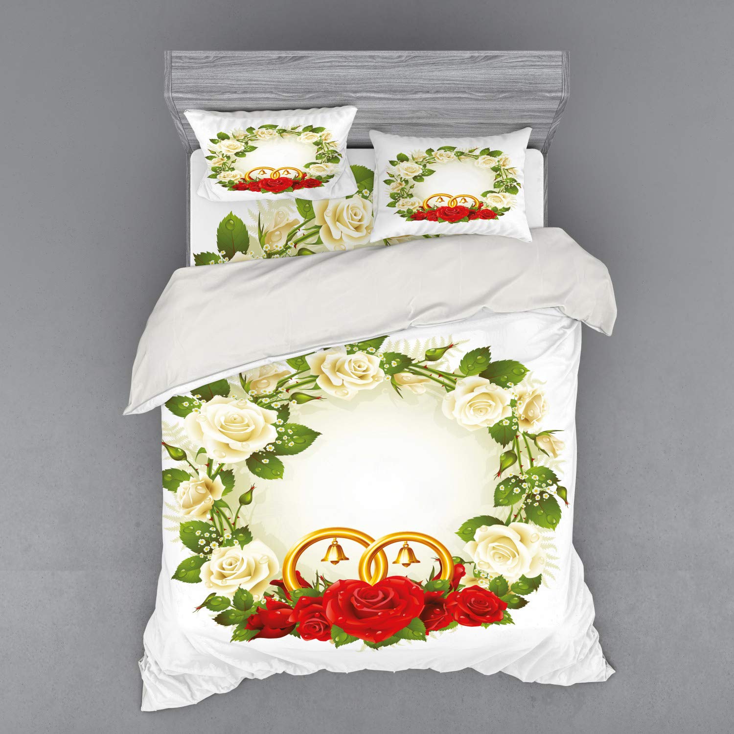 Ambesonne Wedding Bedding Set 4-Piece Queen Size - White & Red Rose Floral Duvet Cover with Shams & Fitted Sheet - Romantic Couple Gift for Anniversary, Honeymoon - Perfect for Master Bedroom Decor