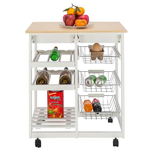 Portable Kitchen Cart with 2 Drawers, 2 Wine Racks & 3 Storage Baskets - White | Fast 3-7 Day Delivery | Ideal for Small Kitchens, Dining Rooms & Outdoor Entertaining