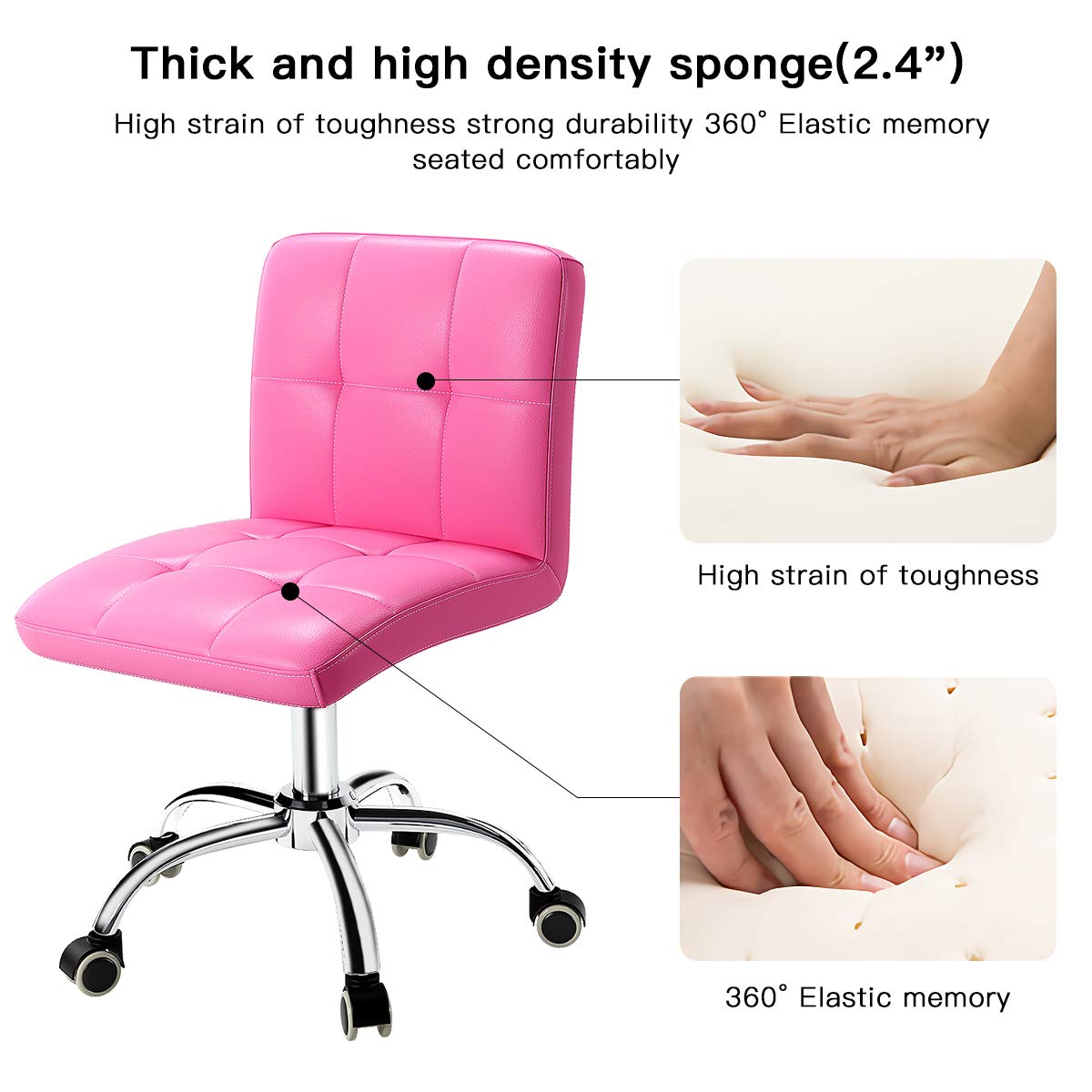 360° Swivel Ergonomic Office Desk Chair - Adjustable PU Rolling Task Chair with Backrest for Barber Shop, Home Office, Computer Workstation - Armless Pink Gaming Chair for Work & Study Comfort