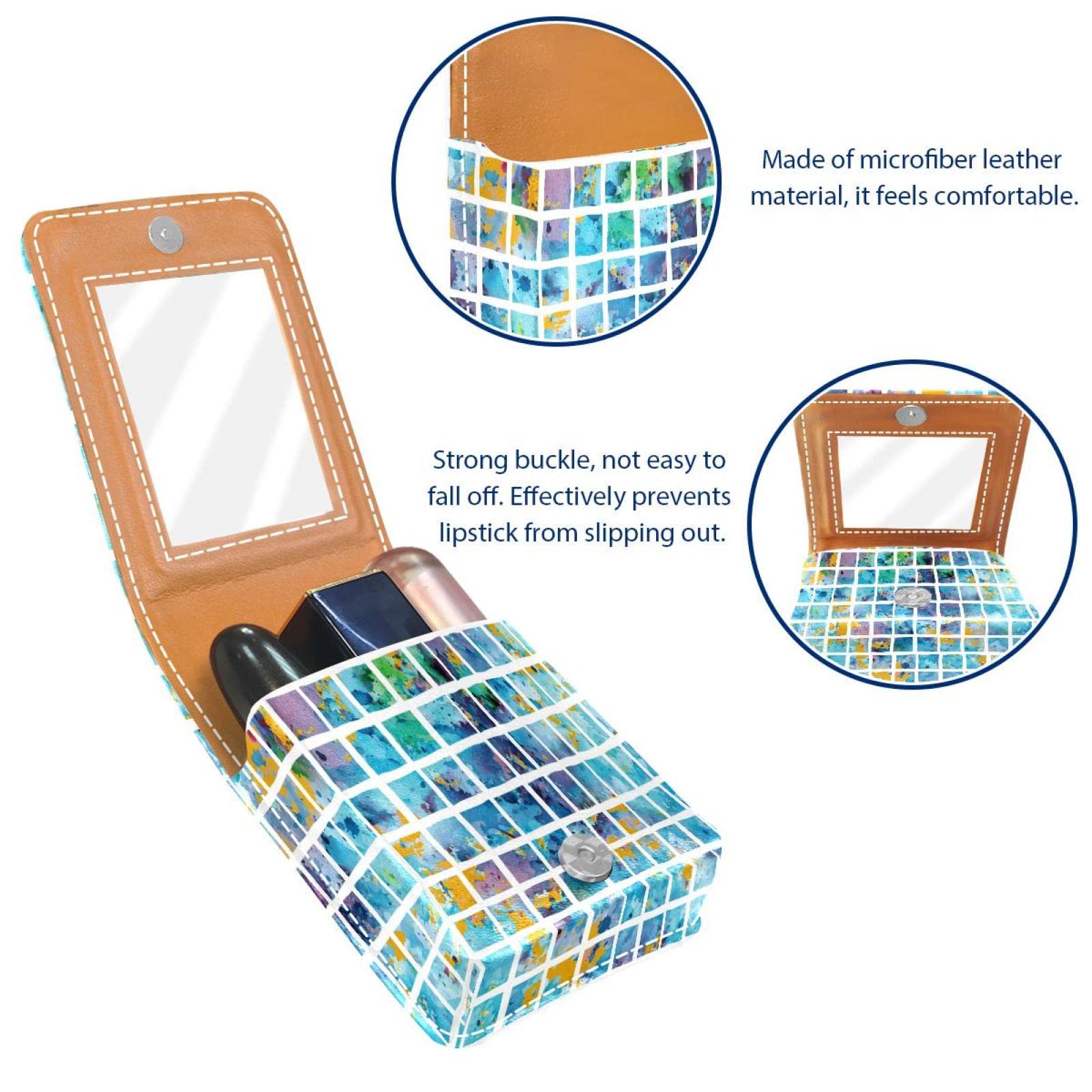 Personalized Lipstick Case - Portable Makeup Bag & Cosmetic Pouch Organizer - Watercolor Blue Mosaic Square Design - Perfect for Travel, Home Storage & Gift Giving