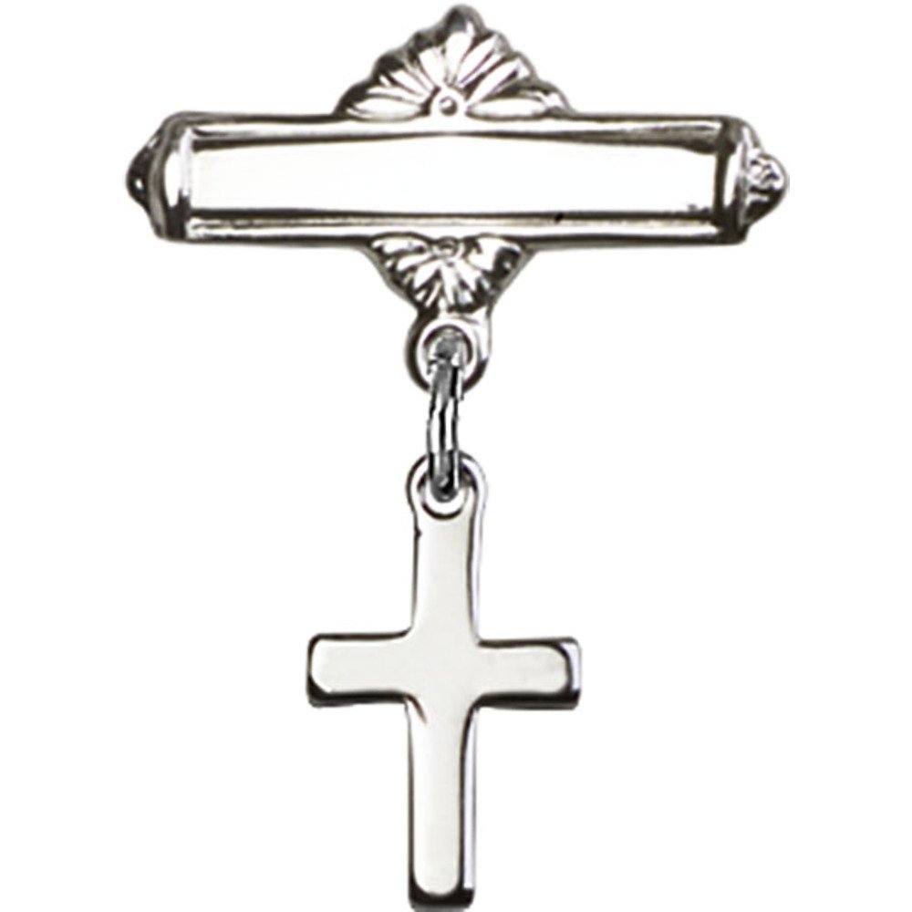 7/8 X 5/8 Inch Sterling Silver Baby Badge with Cross Charm & Polished Pin - Perfect for Christenings, Baptisms & First Communion Gifts