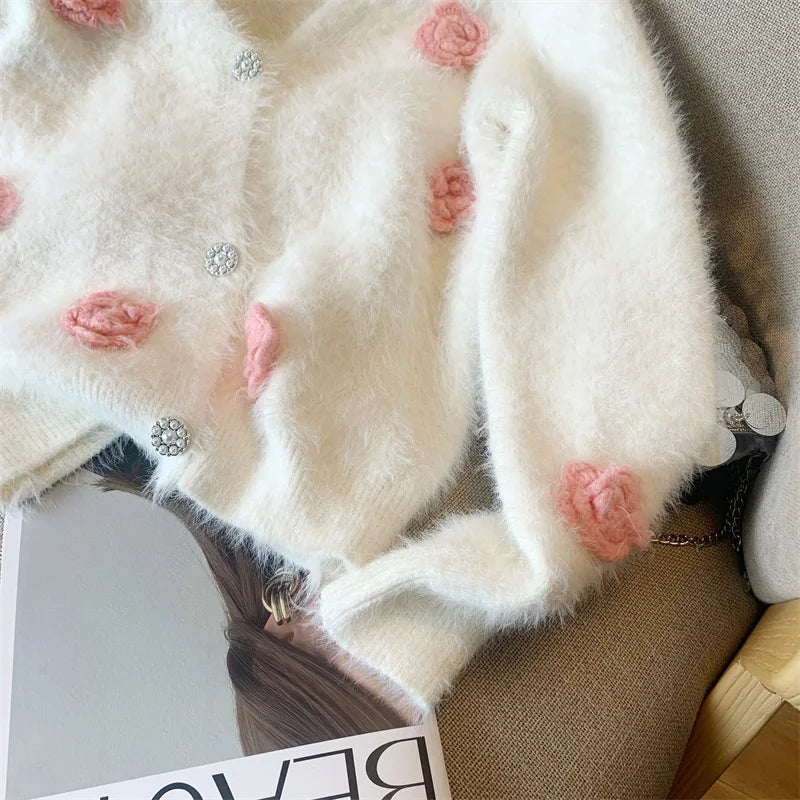 Women's V-Neck Long Sleeve Knitted Cardigan - White & Pink Floral Design Imitation Mink Sweater for Autumn Winter | Cozy Fall Layering, Office Wear & Casual Outfits