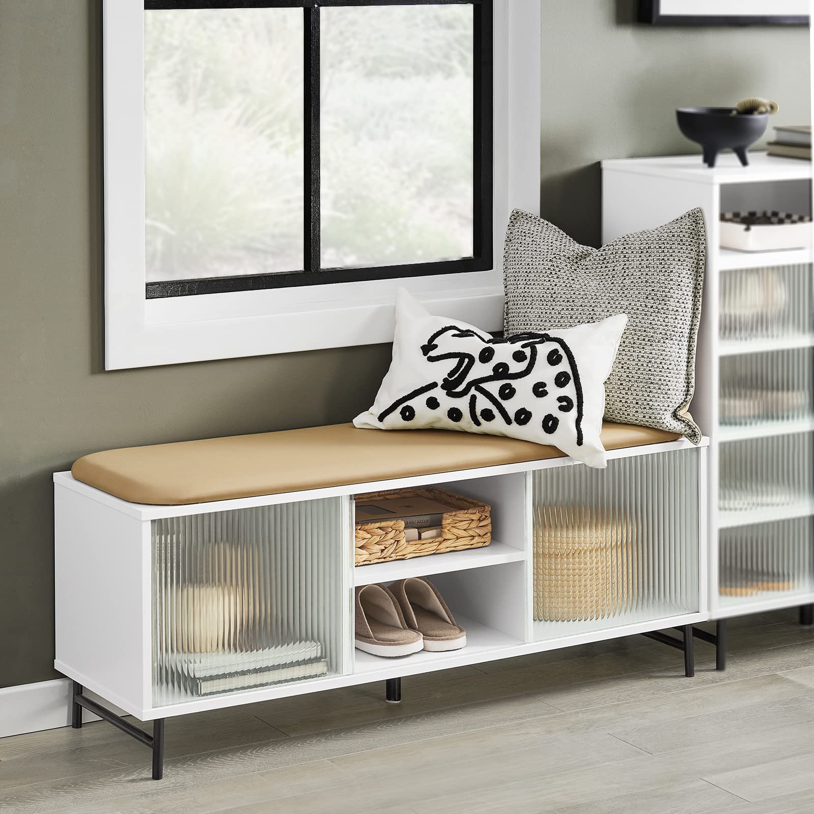 Haotian FSR115-W White Storage Bench with Glass Sliding Door & Padded Seat - Entryway Shoe Bench, Hallway Organizer, Bedroom Furniture for Home Decor | Perfect for Small Spaces & Entry Organization