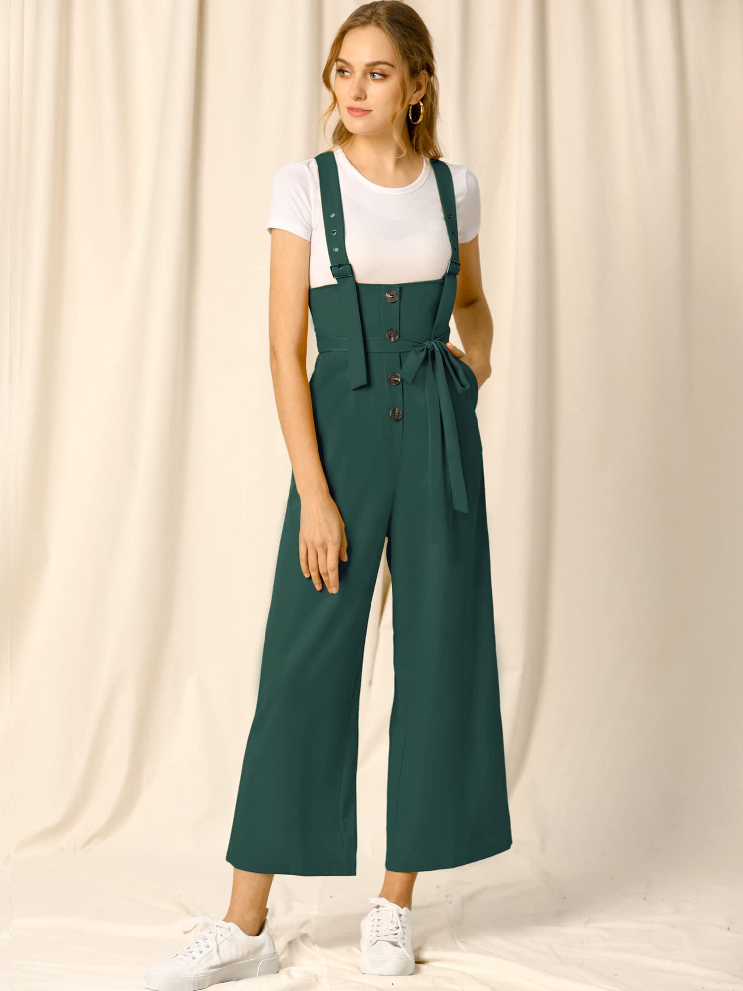 Allegra K Women's High Waist Wide Leg Belted Jumpsuit with Buttons - Stylish Long Overalls for Casual Wear, Office Outfits & Spring Fashion