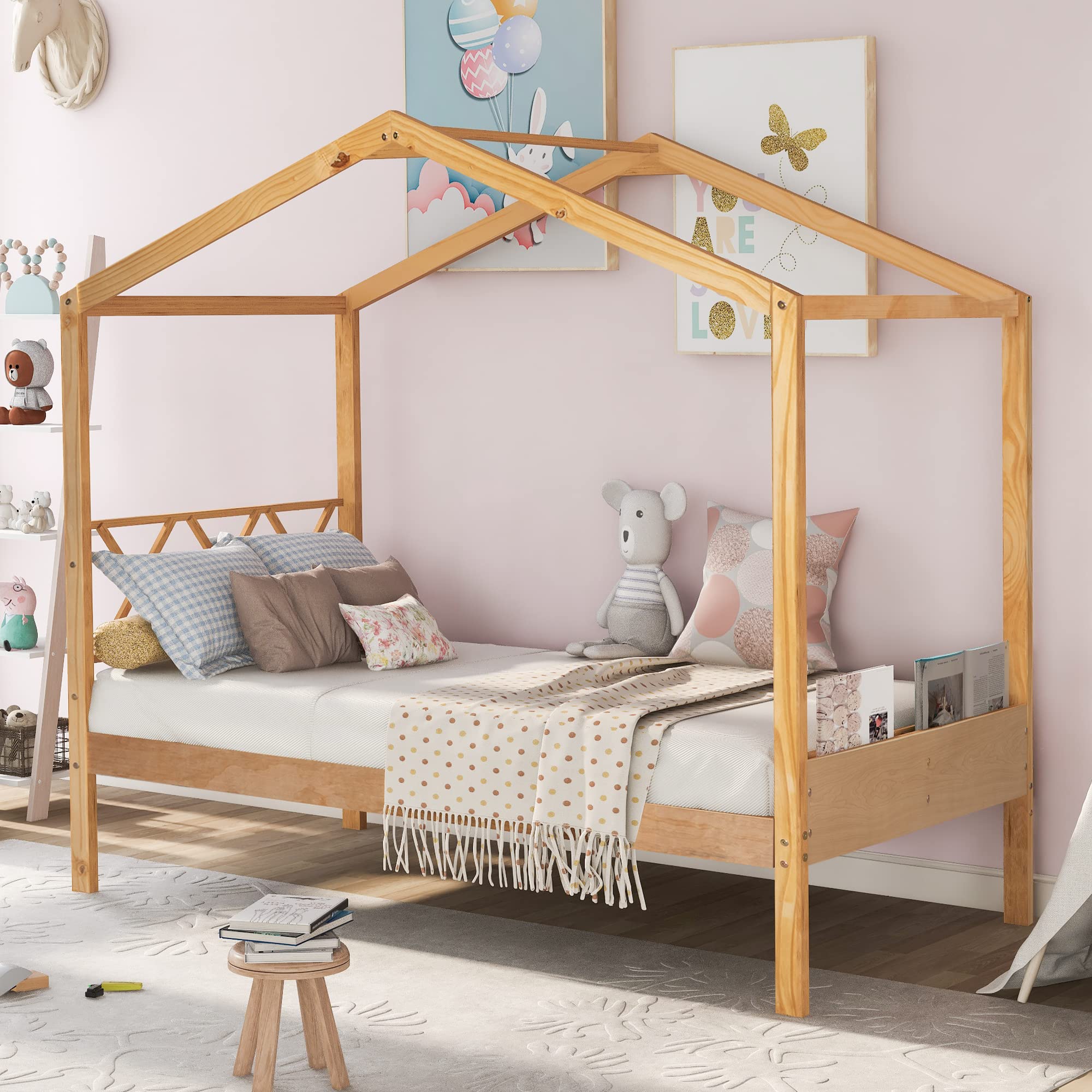 Wooden Twin Bed for Kids - Playhouse Loft Bed Frame with No Box Spring Needed, Natural Finish | Perfect for Toddler Bedrooms, Girls' Rooms & Play Areas