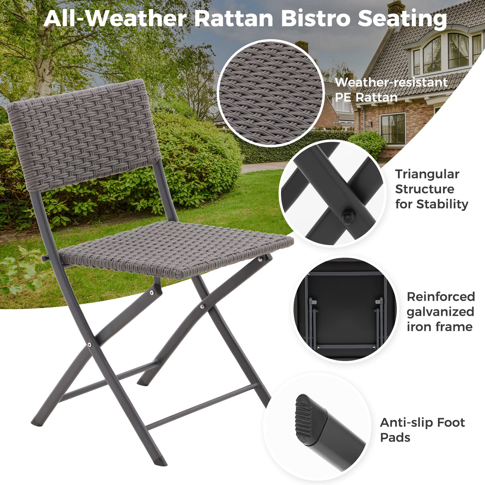 3-Piece Rattan Patio Bistro Set with Foldable Table & Chairs - All-Weather Outdoor Furniture for Garden, Backyard, Pool, Lawn & Balcony - Dark Grey Brushed Rattan Style (Perfect for Small Spaces & Entertaining)