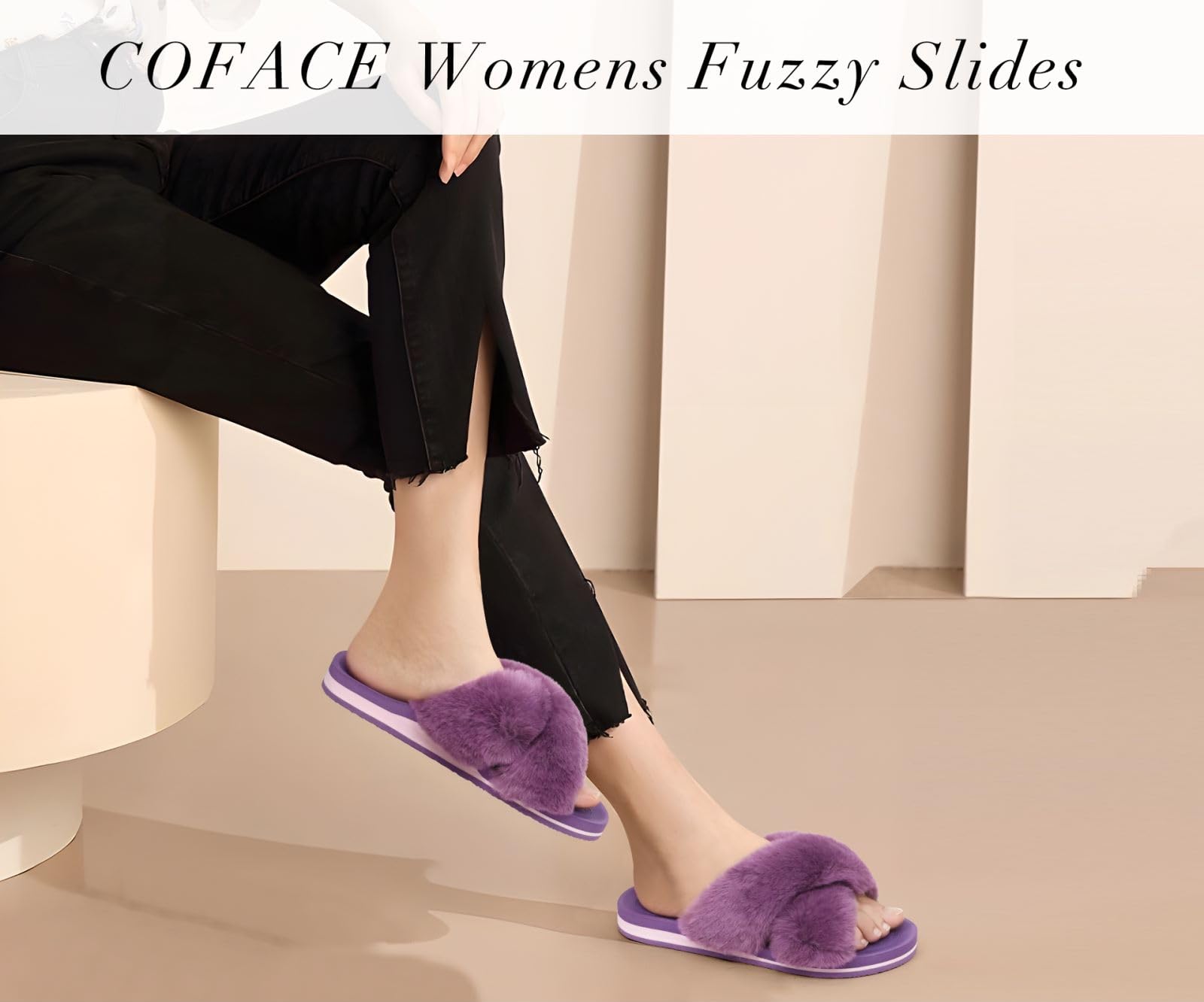 COFACE Women's Fuzzy Slides - Fluffy Faux Fur House Slippers with Arch Support, Open Toe Sandals for Indoor/Outdoor Use - Perfect for Yoga, Lounging & Home Comfort