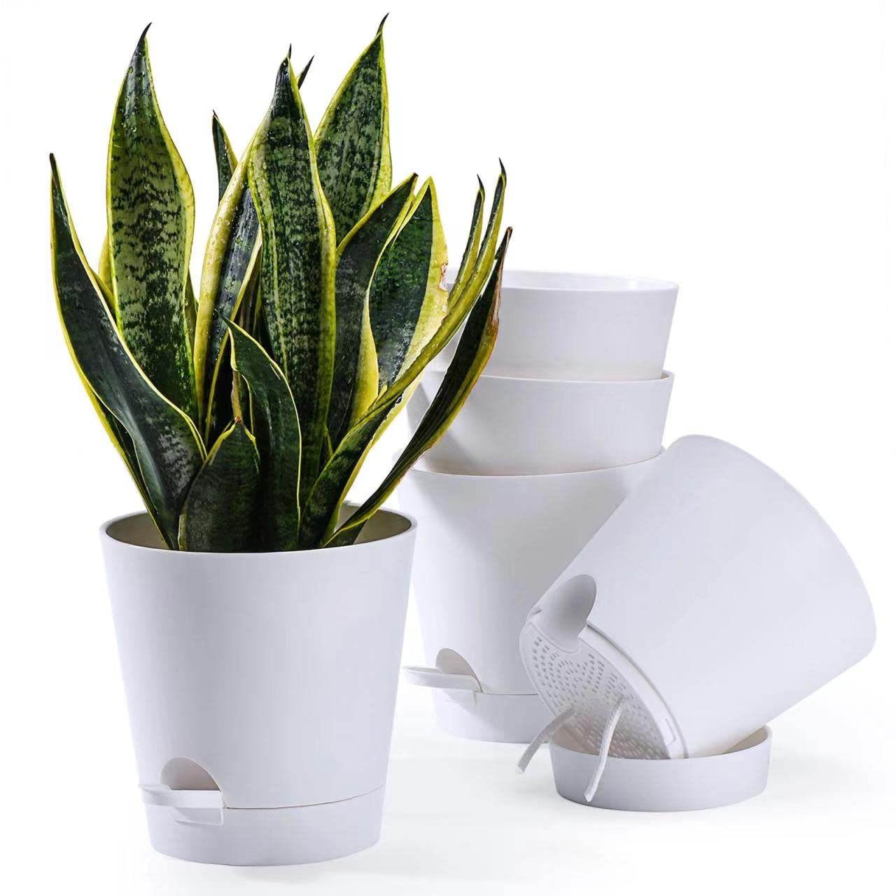 5-Pack 7 Inch Self-Watering Plant Pots with Drainage Holes - Indoor/Outdoor Flower Planters with Reservoir Tray & Watering Lip - Perfect for Home Gardening, Balcony Decor, and Office Plants (White)