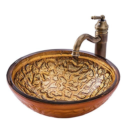 LEFEDA Gold Vessel Sink with Single Hole Faucet - Artistic Tempered Glass Round Bathroom Sink with Drain - Above Counter Washbasin for Modern Vanity & Luxury Bathroom Decor