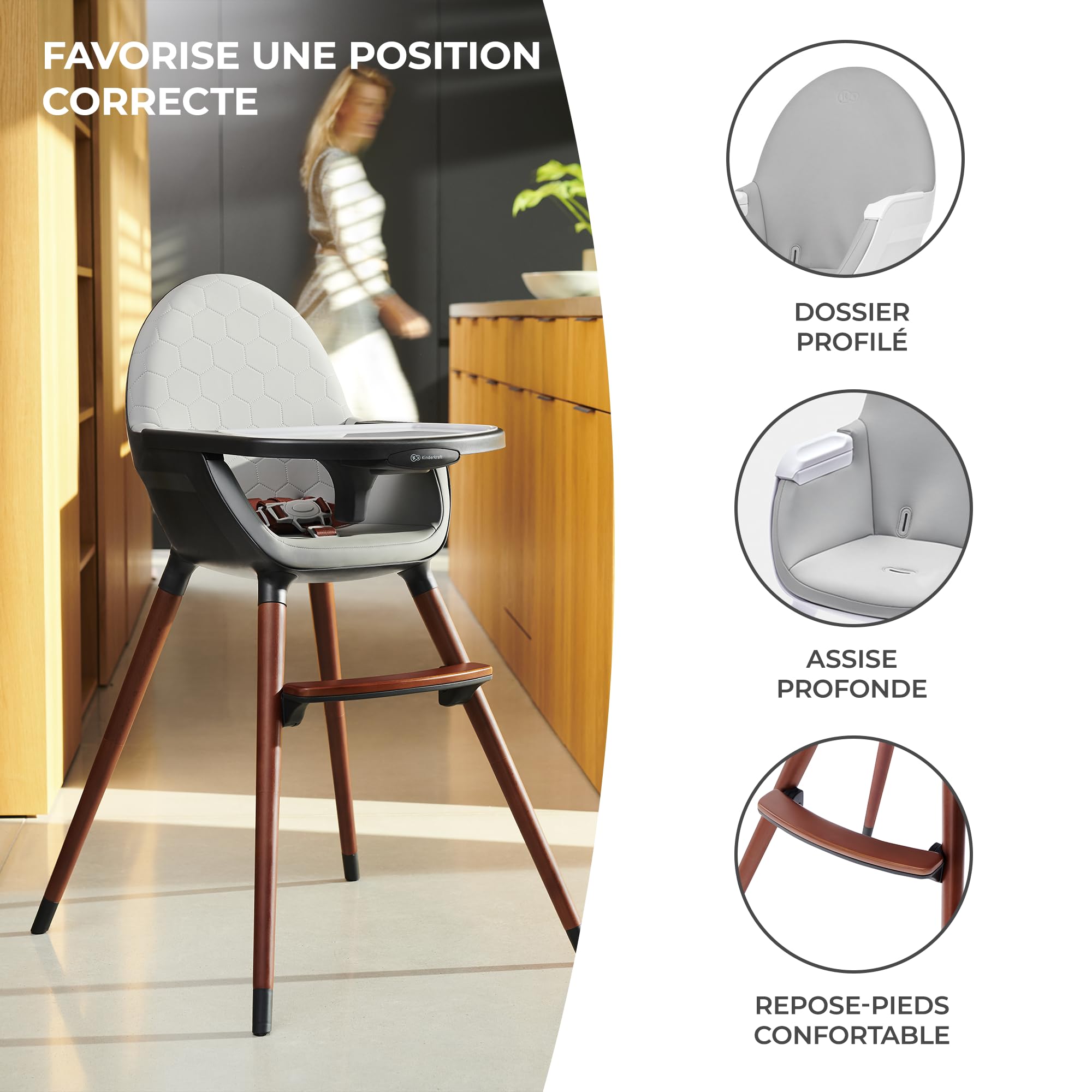 Kinderkraft FINI 2-in-1 Adjustable Baby High Chair with Removable Tray - Convertible Toddler Dining Chair, Height Adjustable, Sturdy 20kg Capacity, Easy to Clean Gray - Perfect for Home, Restaurant & Daycare Use