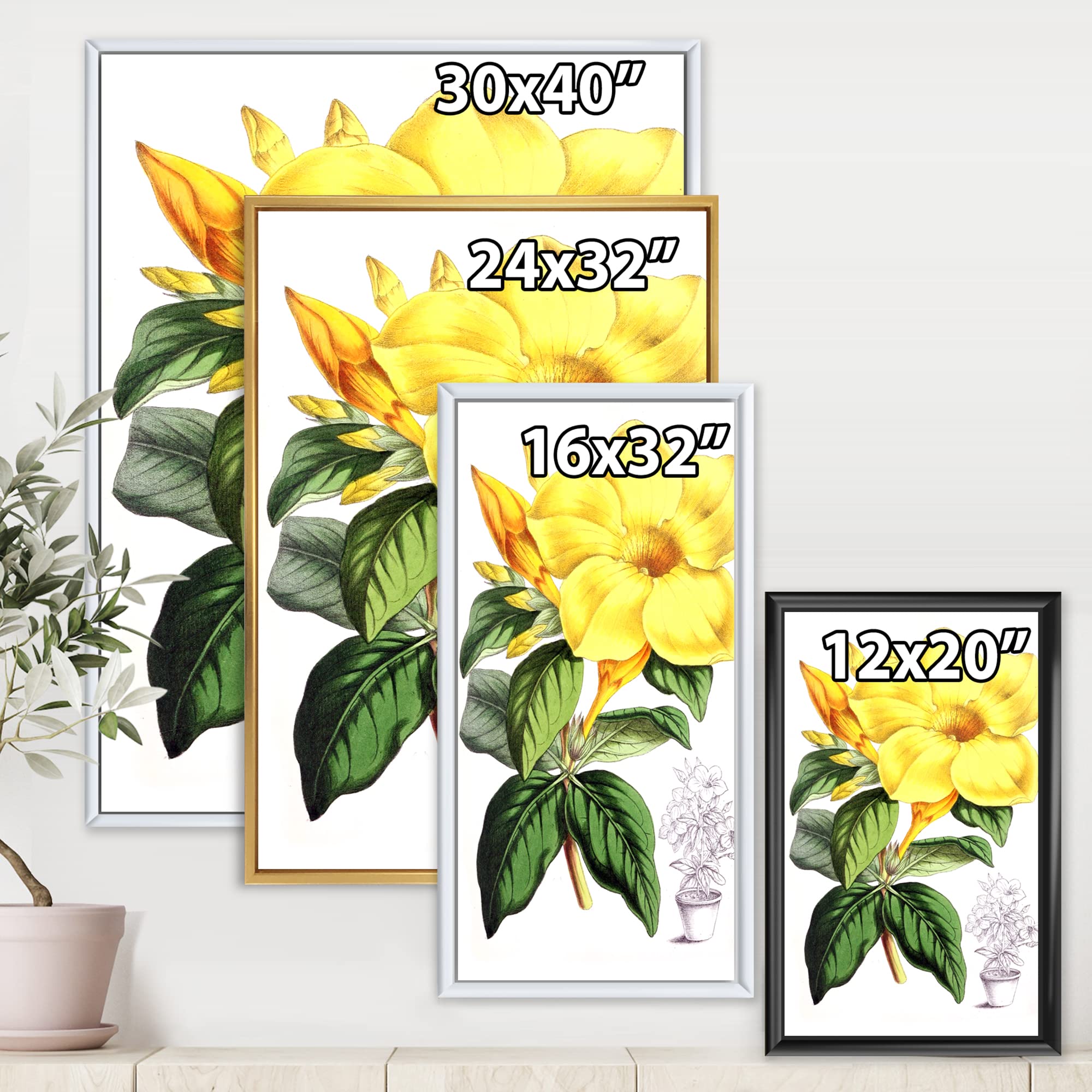 DesignQ Tropical Yellow Flowers With Green Leaves II - Traditional Framed Canvas Wall Art Print for Living Room, Bedroom & Office Decor