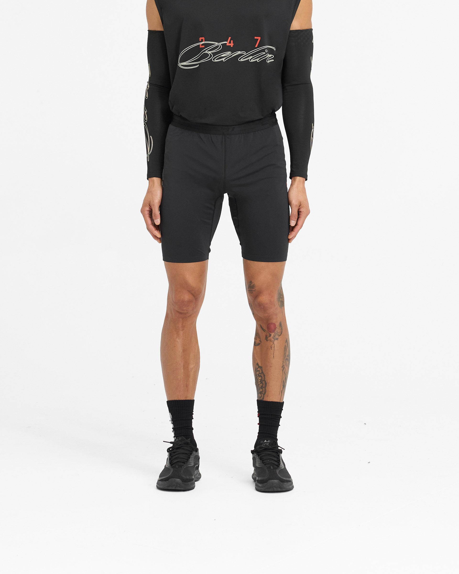 247 Berlin Half Tight Running Shorts for Men - Jet Black - Compression Workout Shorts for Gym, Jogging & Training