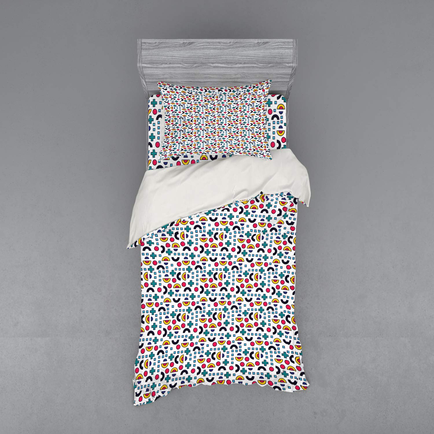 Ambesonne Memphis Style Geometric Bedding Set - 3 Piece Duvet Cover with Sham & Fitted Sheet, Twin XL, Multicolor Half Circle Dot Pattern - Perfect for Modern Bedrooms & Guest Rooms
