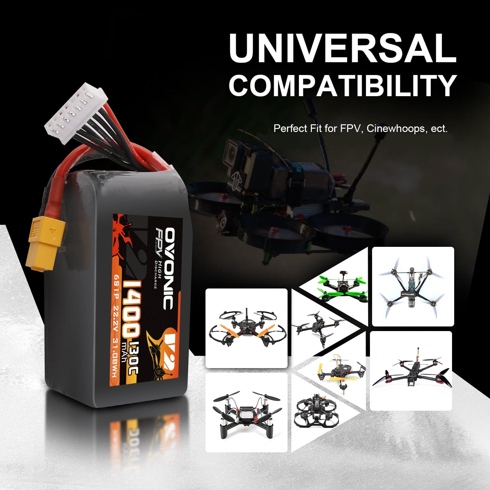 2x Ovonic 6S Lipo Battery 1400mAh 22.2V 130C High Performance RC Battery with XT60 Plug for FPV Racing Drones, Freestyle Drones, Cinewhoop & Long Range Drones - Perfect for Aerial Photography and Drone Racing