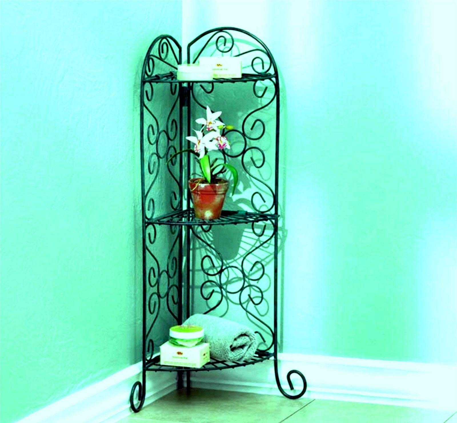 Antiqued Metal Faux Verdigris Corner Plant Stand Shelf Unit - Decorative Indoor/Outdoor Plant Display Shelf for Home Garden, Patio, and Balcony Decor