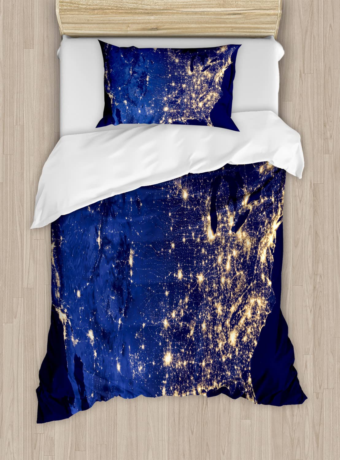 Ambesonne Night Duvet Cover Set - America Continent Night View from Space with Vibrant Earth Design, 2-Piece Queen Size Bedding Set Includes 2 Duvet Covers & 4 Pillowcases in Mustard Navy Blue | Perfect for Astronomy Lovers, Space-Themed Bedrooms & Unique Home Decor