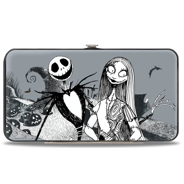 Nightmare Before Christmas Hinged Wallet - Jack & Sally Pose with Zero, Sally & Jack Cemetery Scene in Gray | Perfect for Halloween, Cosplay & Disney Fans