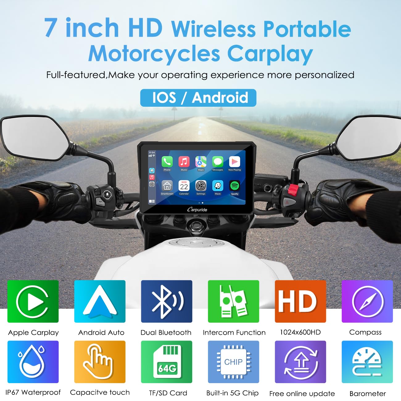 Carpuride W702 Pro 7-Inch Waterproof Motorcycle Touchscreen with Wireless CarPlay & Android Auto, Intercom Function, Enhanced Dual Bluetooth, Navigation, Compass - Perfect for Motorcycle Rides, Road Trips & Outdoor Adventures